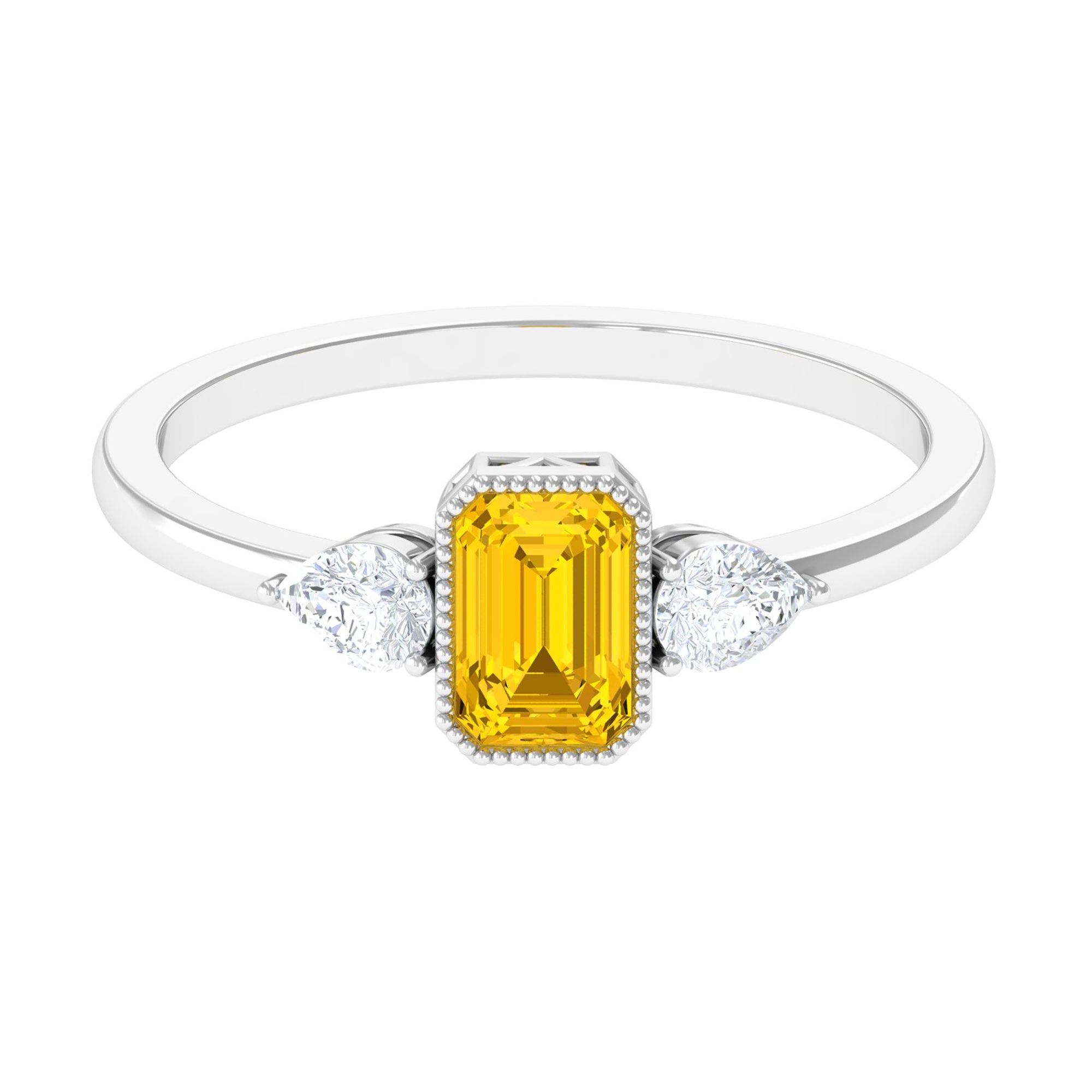 Beaded Bezel Set Emerald Cut Yellow Sapphire Solitaire Ring with Diamond Yellow Sapphire - ( AAA ) - Quality - Rosec Jewels