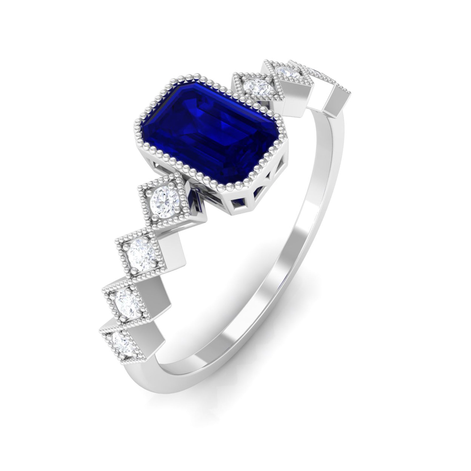 Octagon Cut Solitaire Blue Sapphire and Diamond Engagement Ring Blue Sapphire - ( AAA ) - Quality - Rosec Jewels