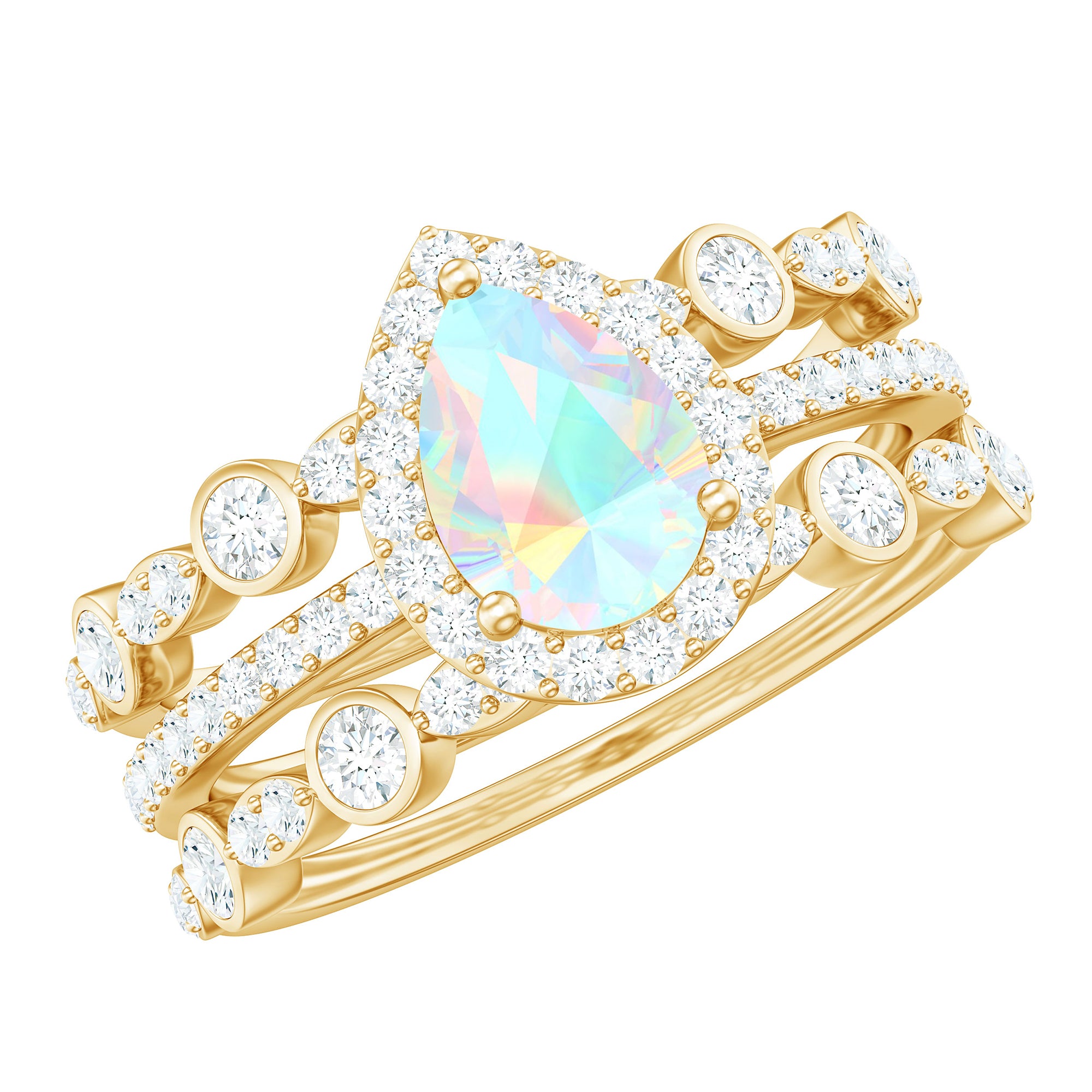 Pear Cut Ethiopian Opal Bridal Trio Ring Set with Moissanite Band Ethiopian Opal - ( AAA ) - Quality - Rosec Jewels