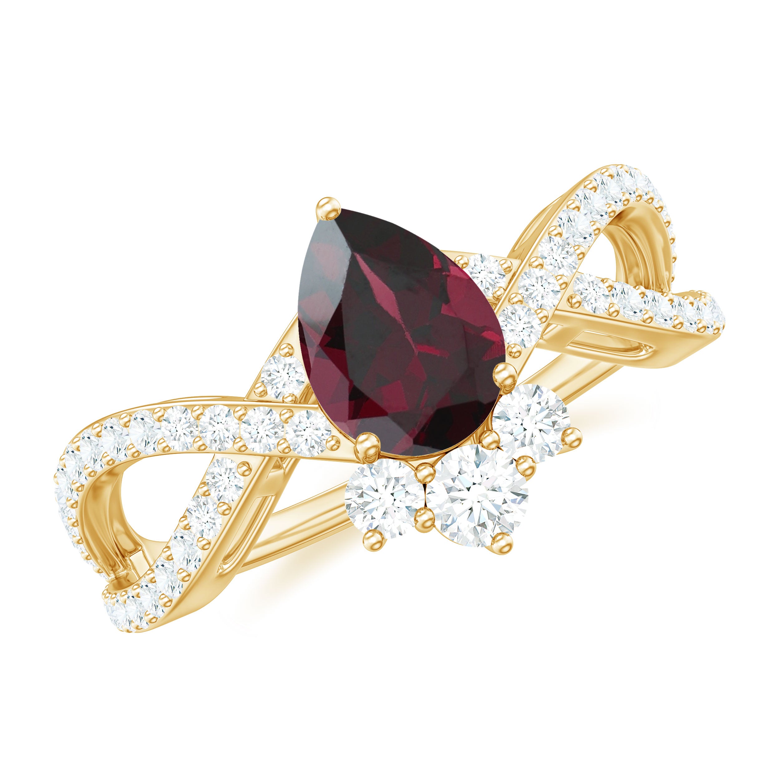 1.75 CT Pear Cut Rhodolite Designer Solitaire Engagement Ring with Crossover Diamond Rhodolite - ( AAA ) - Quality - Rosec Jewels