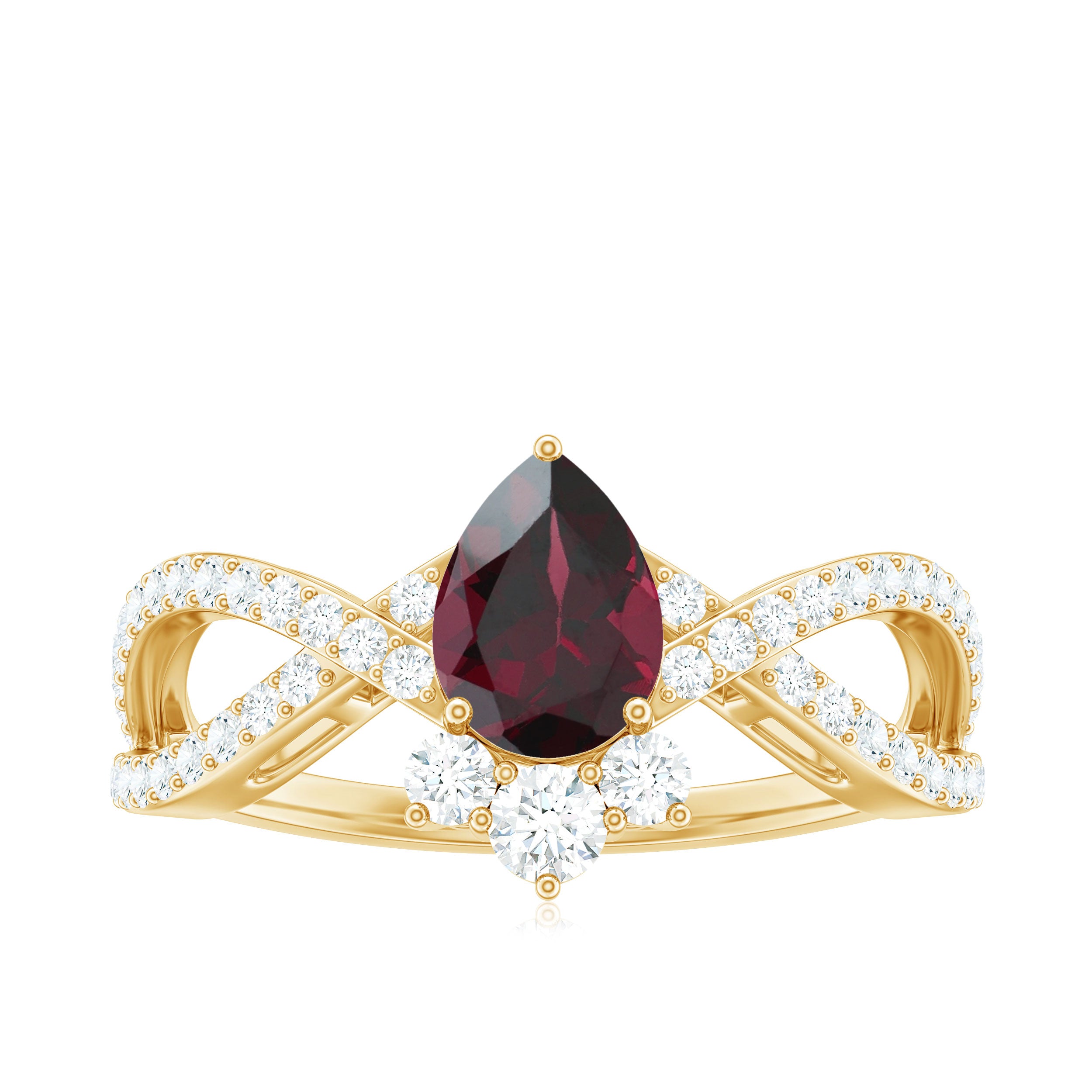 1.75 CT Pear Cut Rhodolite Designer Solitaire Engagement Ring with Crossover Diamond Rhodolite - ( AAA ) - Quality - Rosec Jewels