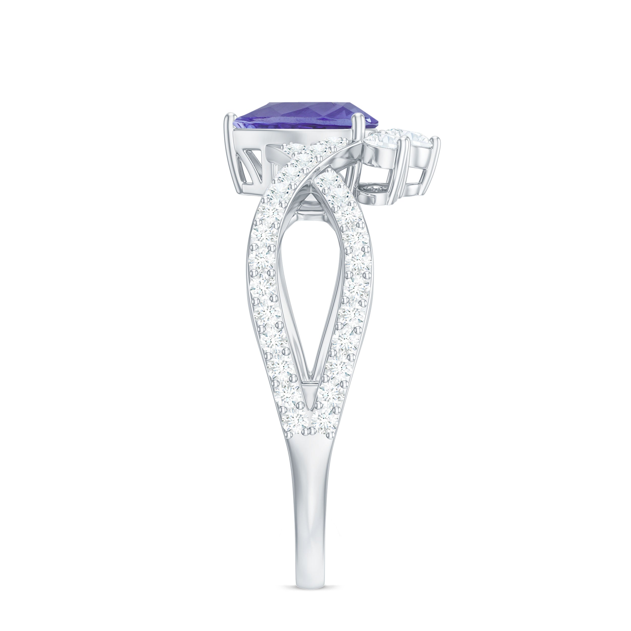 Pear Shape Tanzanite Solitaire Crossover Ring with Diamonds Tanzanite - ( AAA ) - Quality - Rosec Jewels