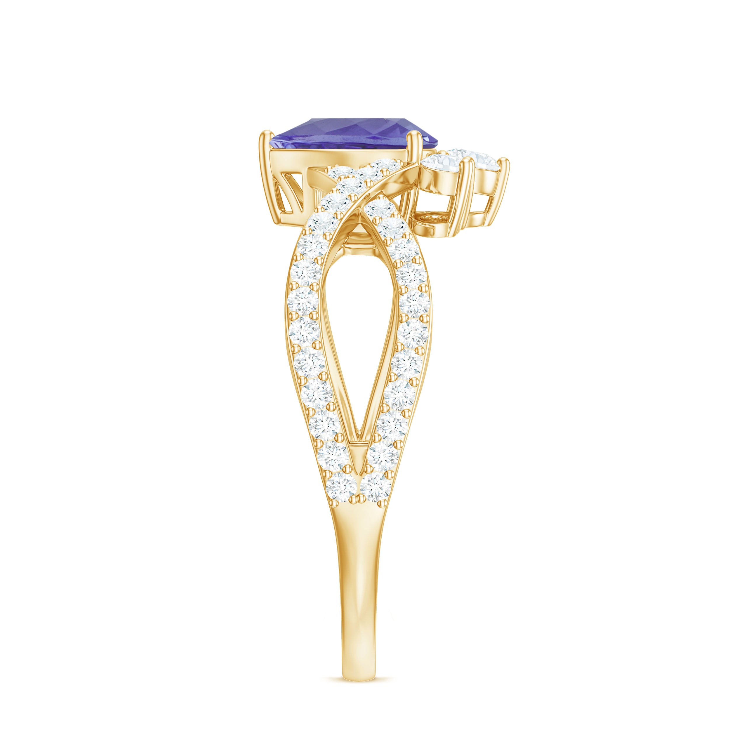 Pear Shape Tanzanite Solitaire Crossover Ring with Diamonds Tanzanite - ( AAA ) - Quality - Rosec Jewels