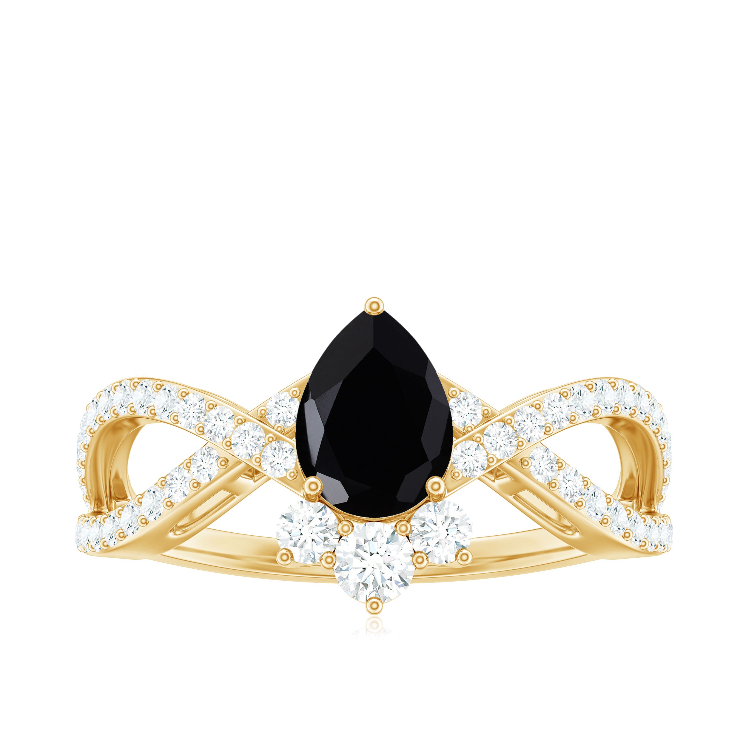 Pear Shape Black Onyx Solitaire Crossover Ring with Diamond Black Onyx - ( AAA ) - Quality - Rosec Jewels