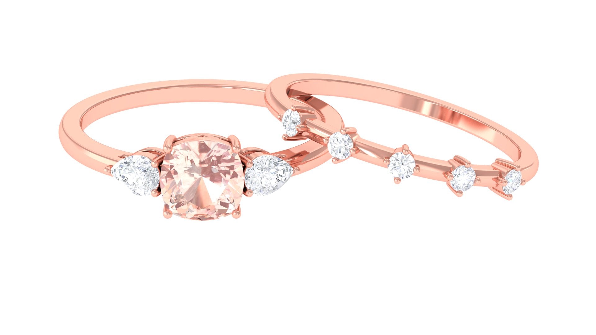 Cushion Cut Morganite Ring Set with Diamond Morganite - ( AAA ) - Quality - Rosec Jewels