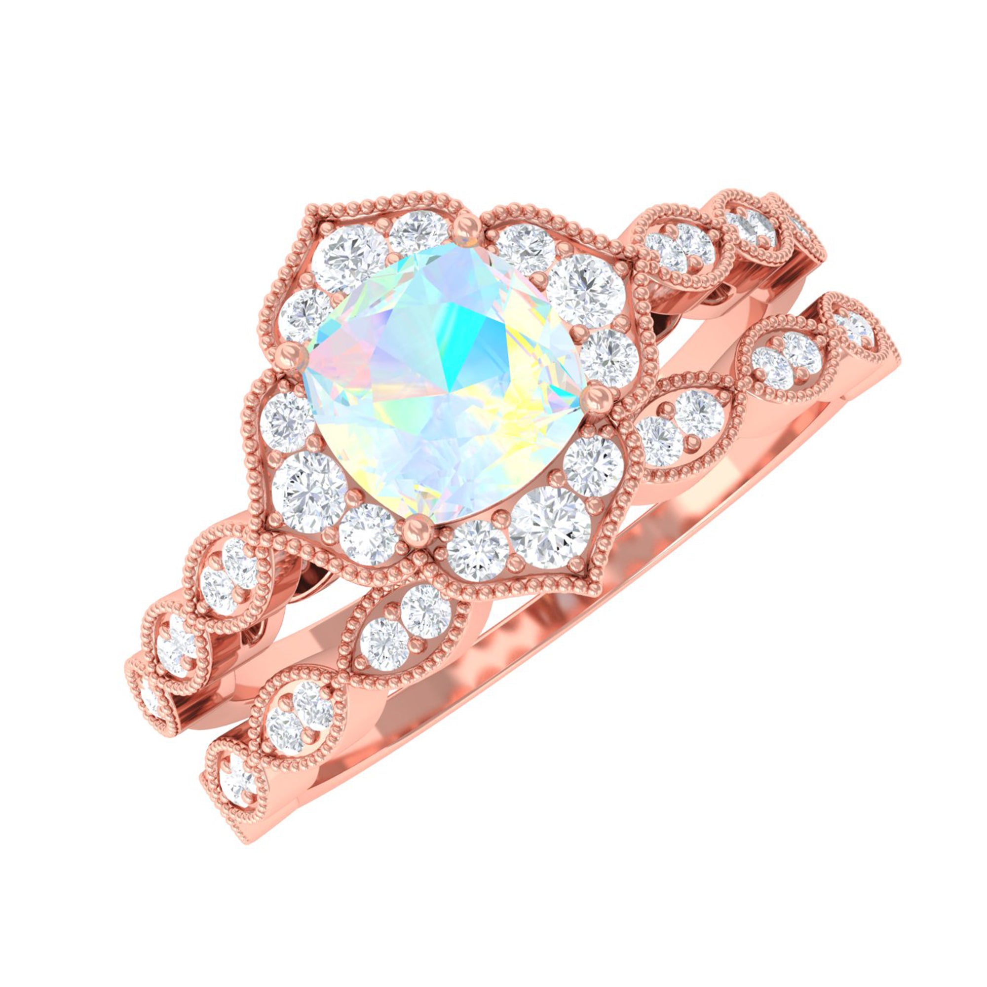 Ethiopian Opal Flower Ring Set with Diamond and Beaded Ethiopian Opal - ( AAA ) - Quality - Rosec Jewels