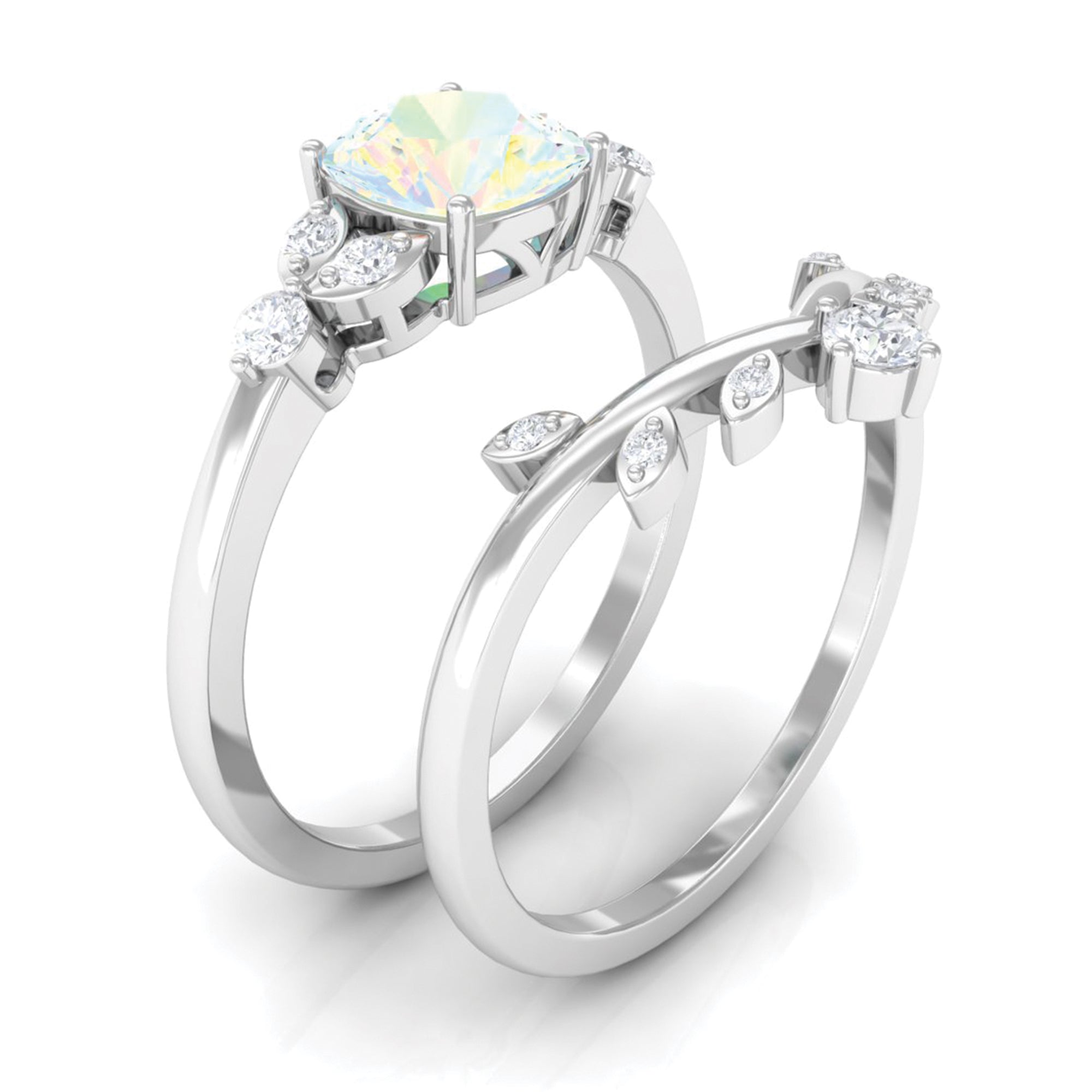 Ethiopian Opal and Diamond Ring Set with Leaf Motif Ethiopian Opal - ( AAA ) - Quality - Rosec Jewels