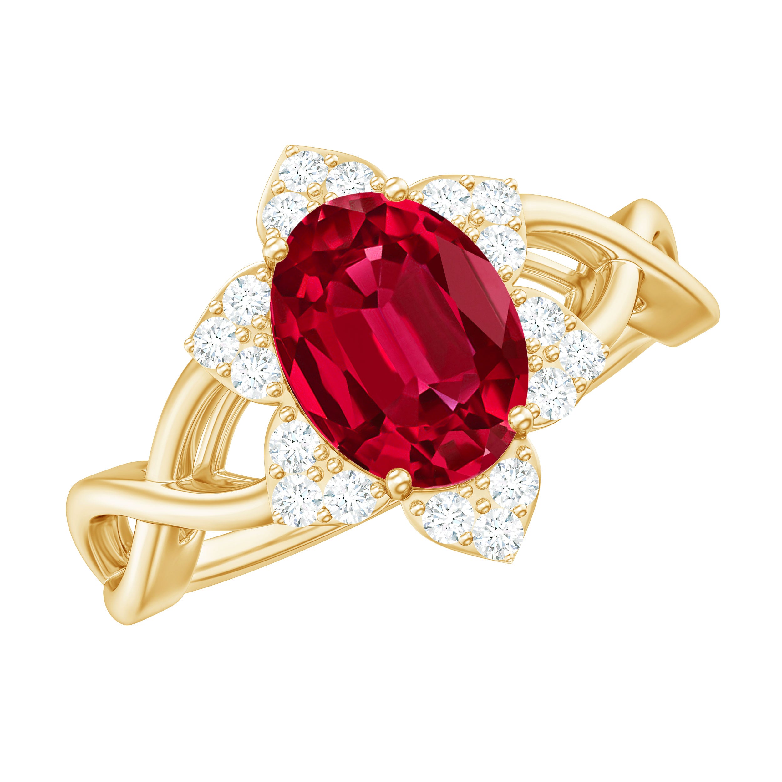 Oval Lab Grown Ruby Floral Ring with Diamond Halo Lab Created Ruby - ( AAAA ) - Quality - Rosec Jewels