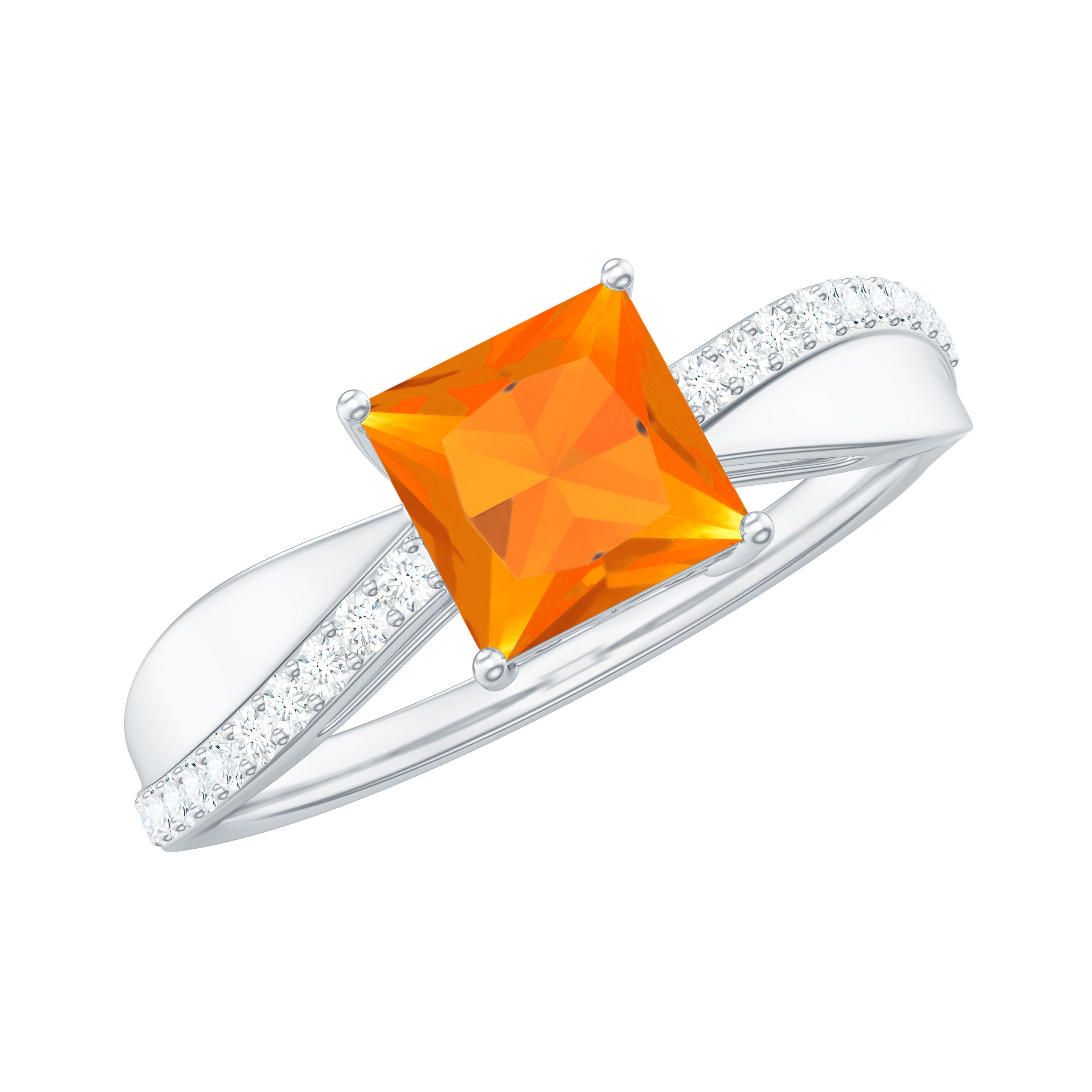 Princess Cut Fire Opal Solitaire Engagement Ring with Diamond Fire Opal - ( AAA ) - Quality - Rosec Jewels