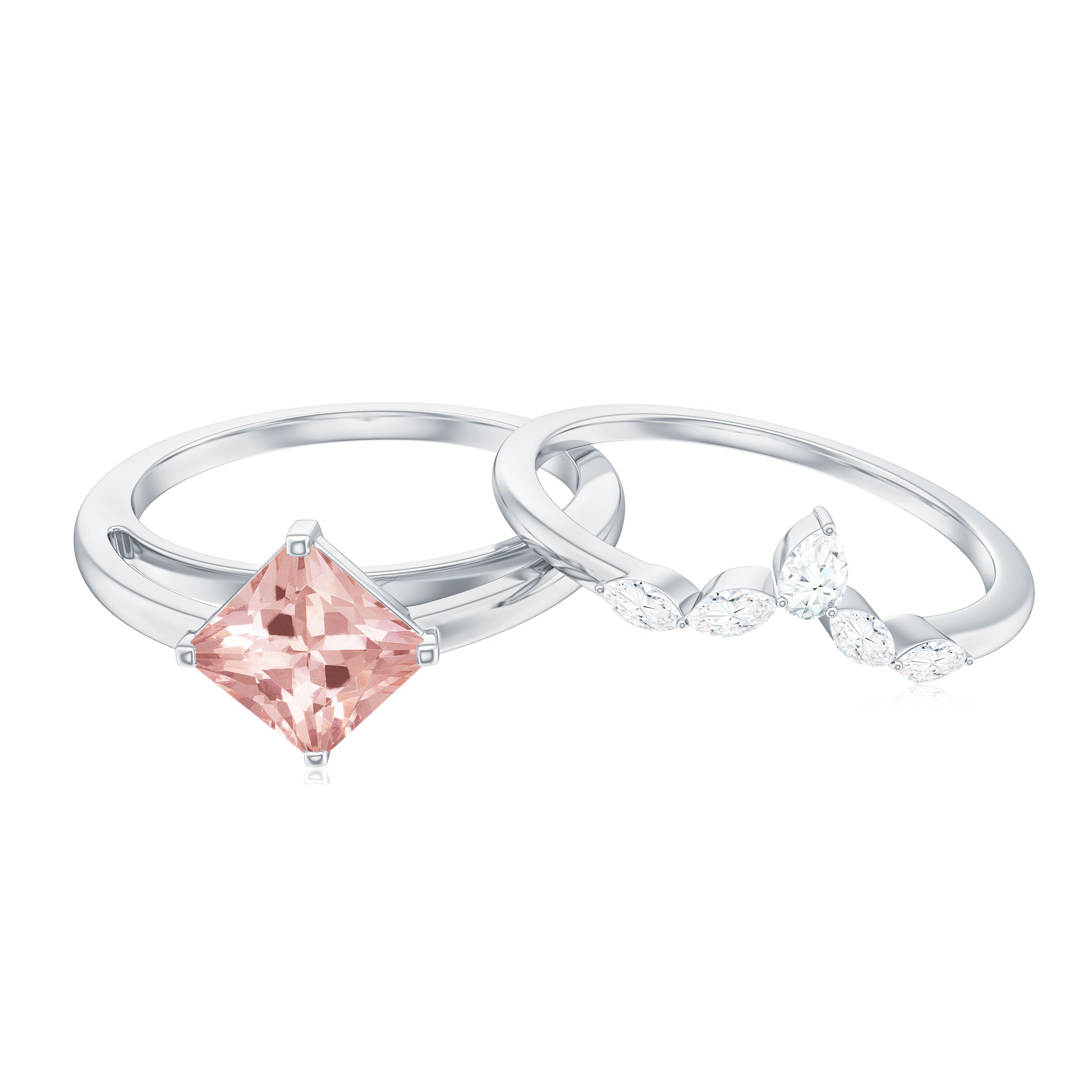 1 CT Princess Cut Morganite and Diamond Solitaire Ring Set Morganite - ( AAA ) - Quality - Rosec Jewels