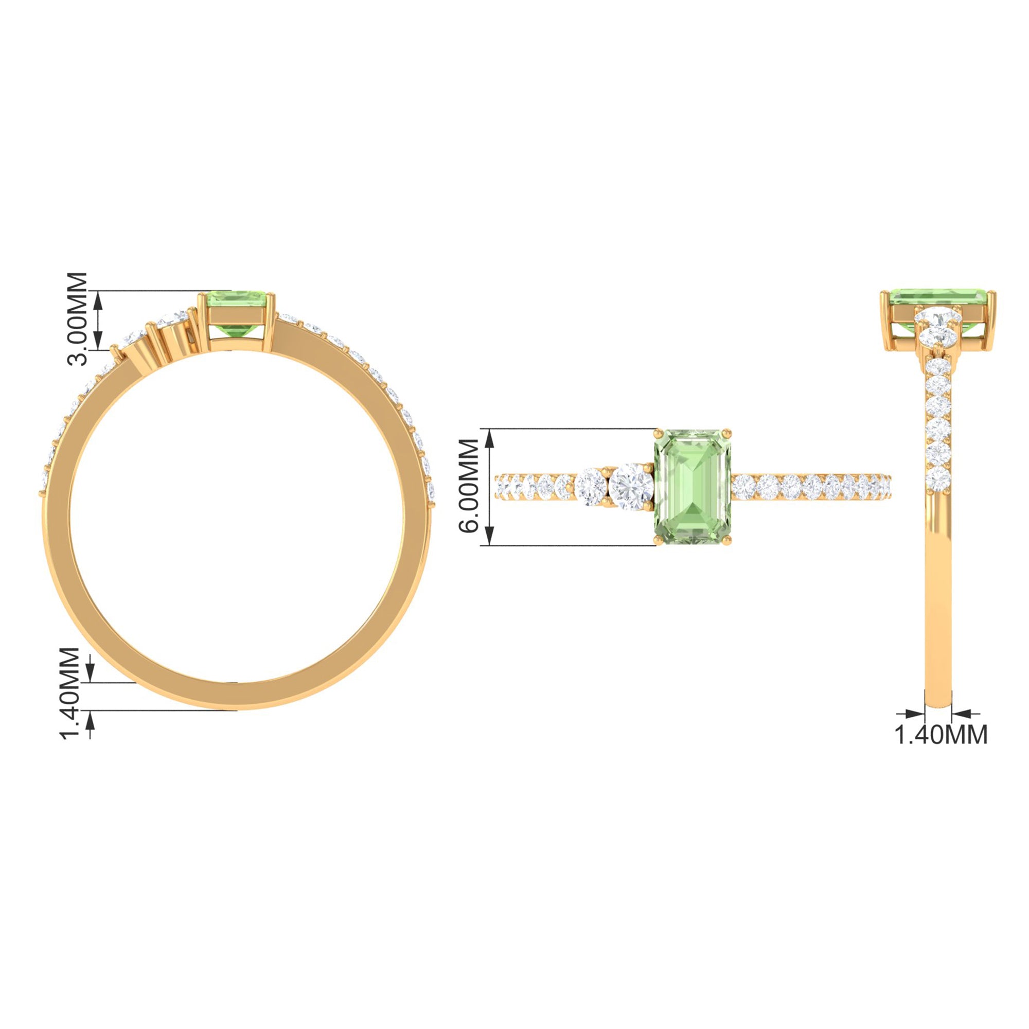 1 CT Emerald Cut Green Sapphire Solitaire Ring with Diamond Green Sapphire - ( AAA ) - Quality - Rosec Jewels