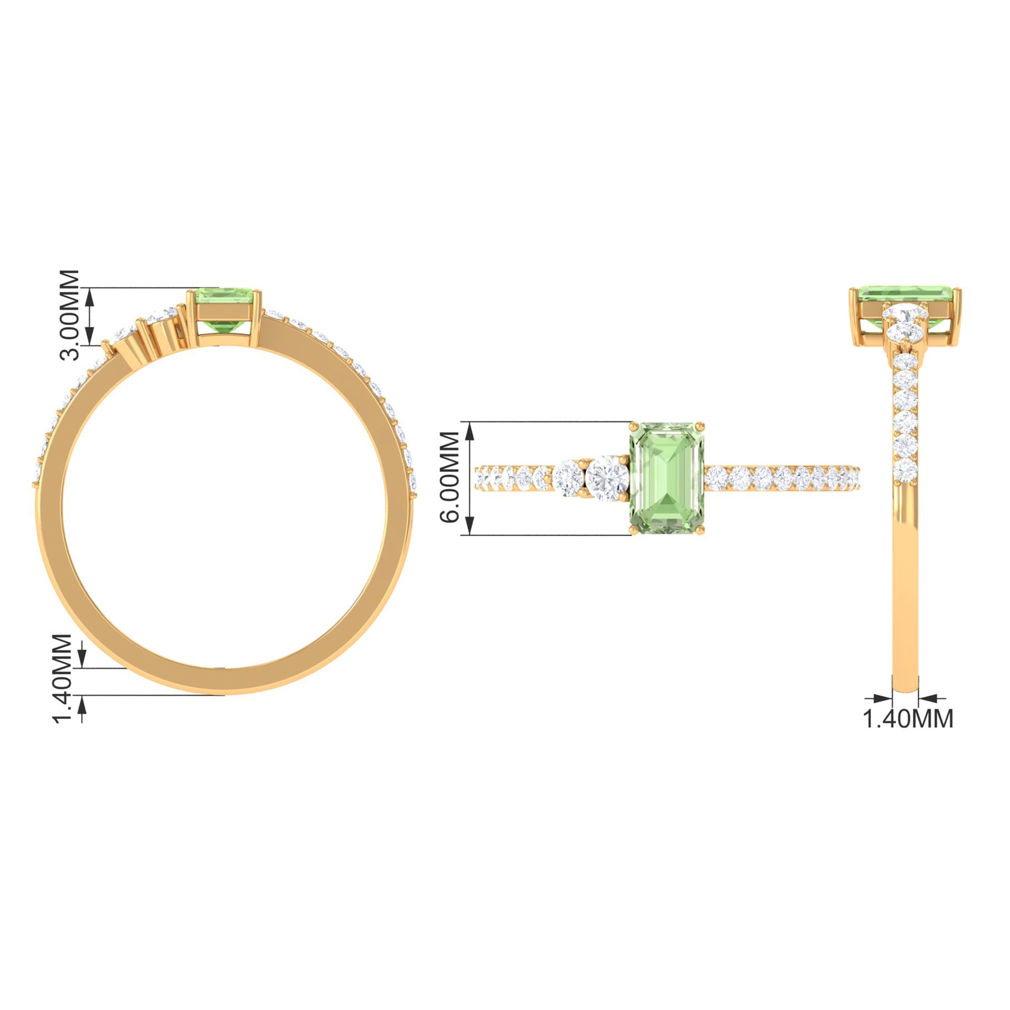 1 CT Emerald Cut Green Sapphire Solitaire Ring with Diamond Green Sapphire - ( AAA ) - Quality - Rosec Jewels