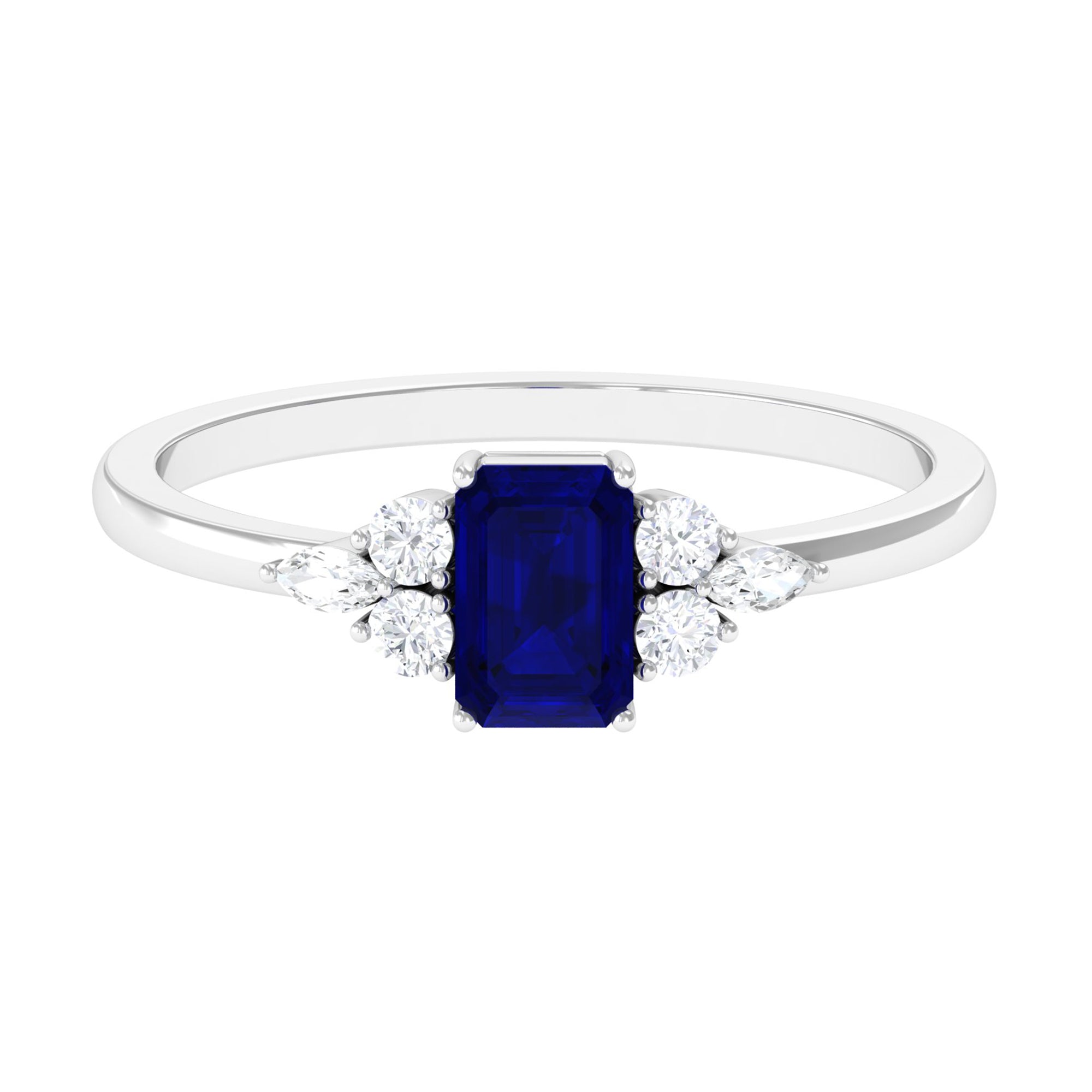 Emerald Cut Blue Sapphire Solitaire Ring with Diamond Trio Blue Sapphire - ( AAA ) - Quality - Rosec Jewels