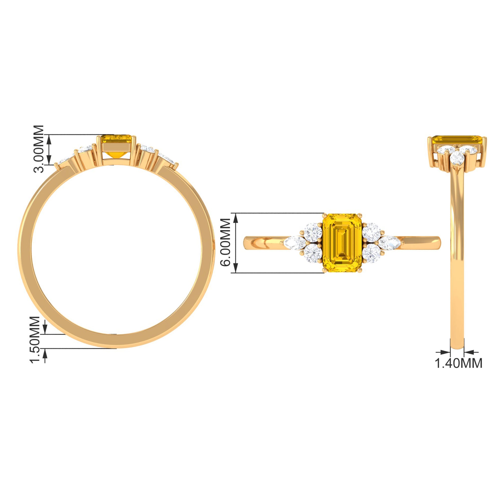 Genuine Yellow Sapphire Solitaire Ring with Diamond Trio Yellow Sapphire - ( AAA ) - Quality - Rosec Jewels