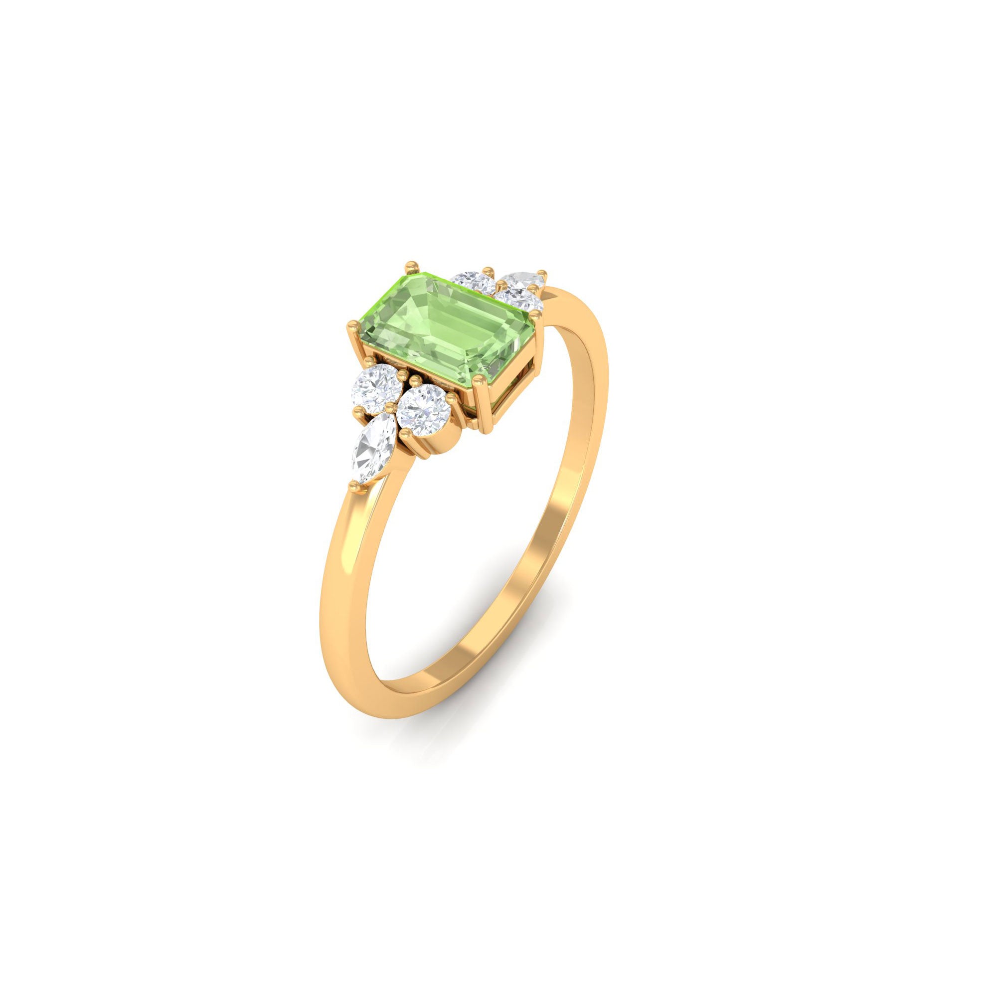 Emerald Cut Green Sapphire Promise Ring with Diamond Trio Green Sapphire - ( AAA ) - Quality - Rosec Jewels