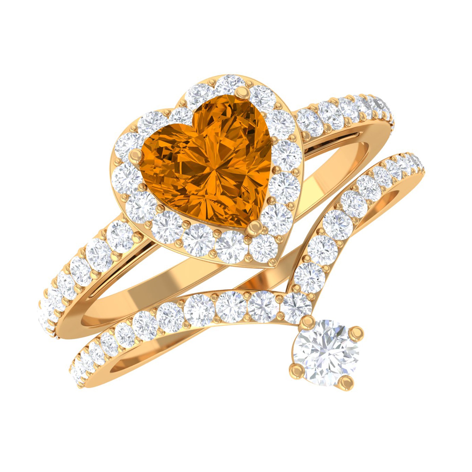 Heart Shape Natural Citrine Ring Set with Moissanite Citrine - ( AAA ) - Quality - Rosec Jewels