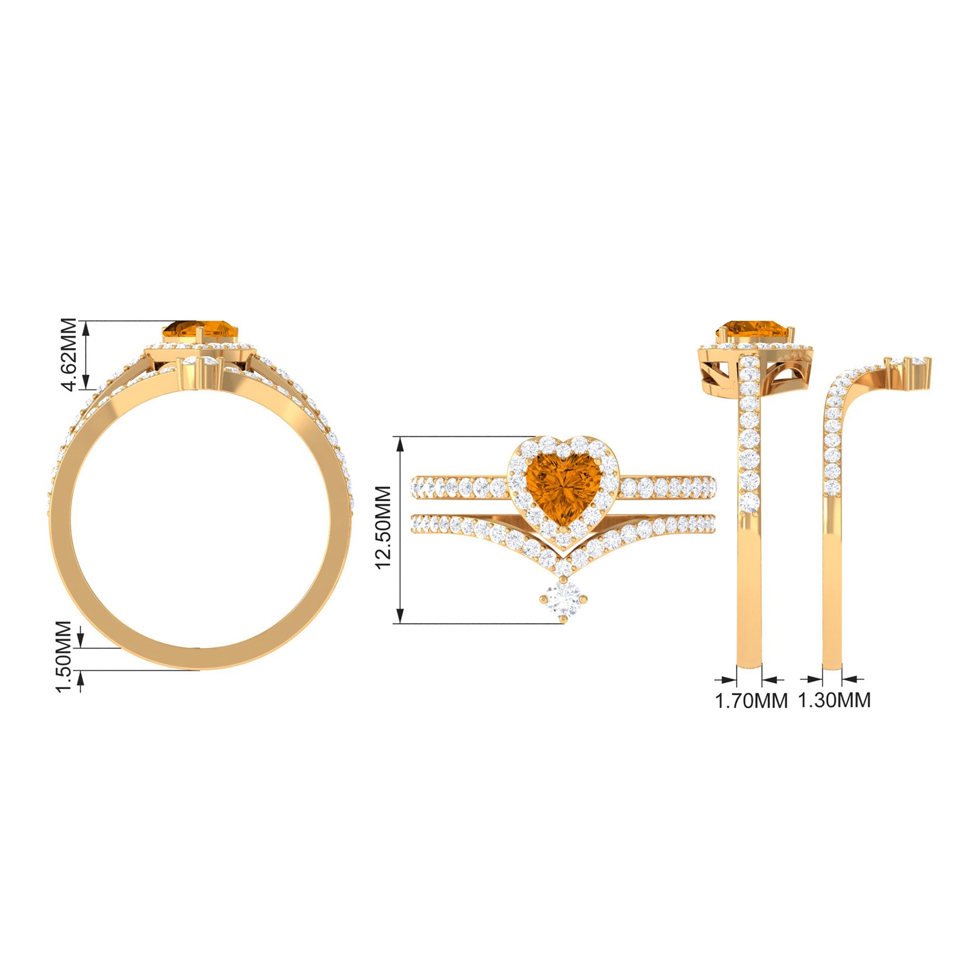 Heart Shape Natural Citrine Ring Set with Moissanite Citrine - ( AAA ) - Quality - Rosec Jewels