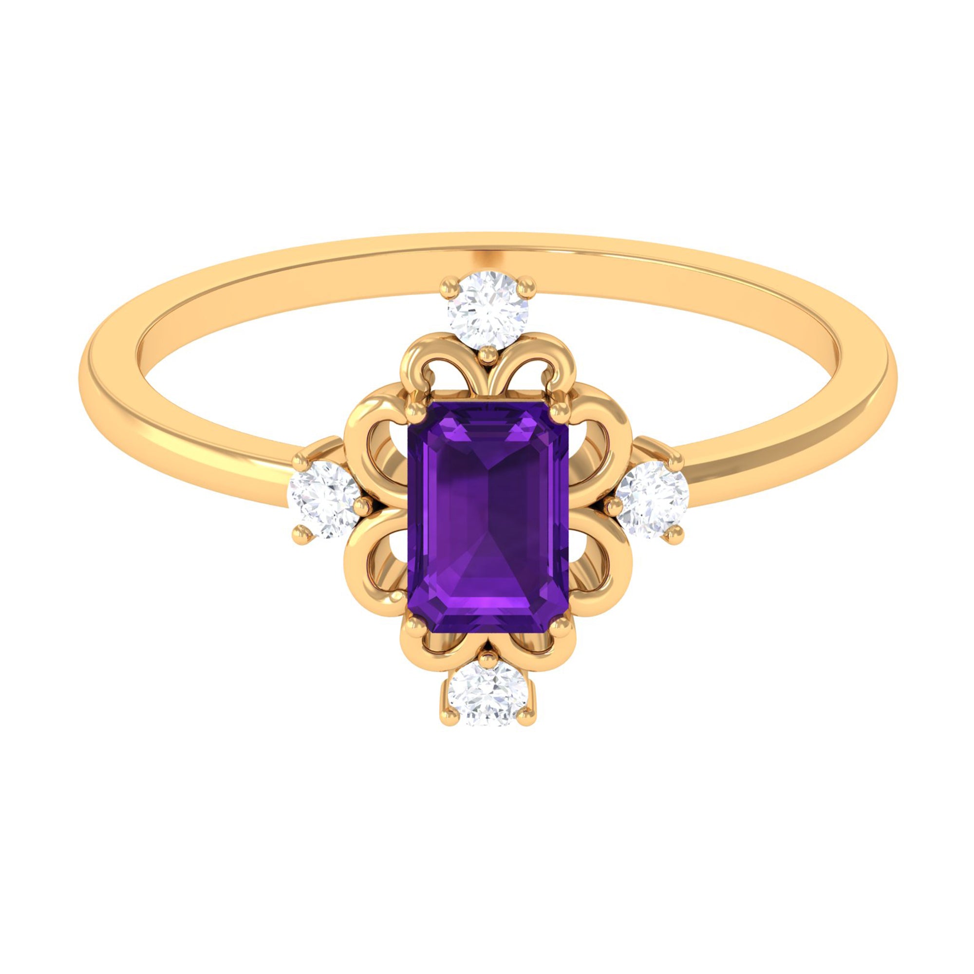 Vintage Inspired Amethyst Solitaire Ring with Diamond Amethyst - ( AAA ) - Quality - Rosec Jewels