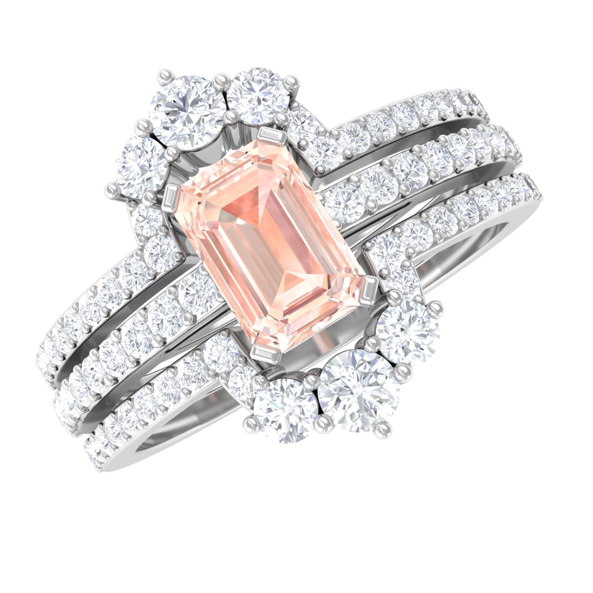 Emerald Cut Morganite Solitaire Trio Ring Set with Diamond Morganite - ( AAA ) - Quality - Rosec Jewels