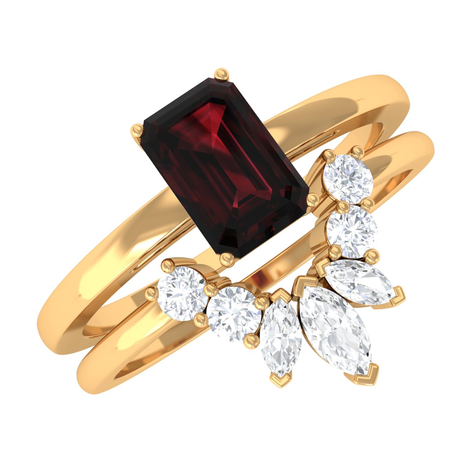 Octagon Cut Garnet Wedding Ring Set with Diamond Garnet - ( AAA ) - Quality - Rosec Jewels