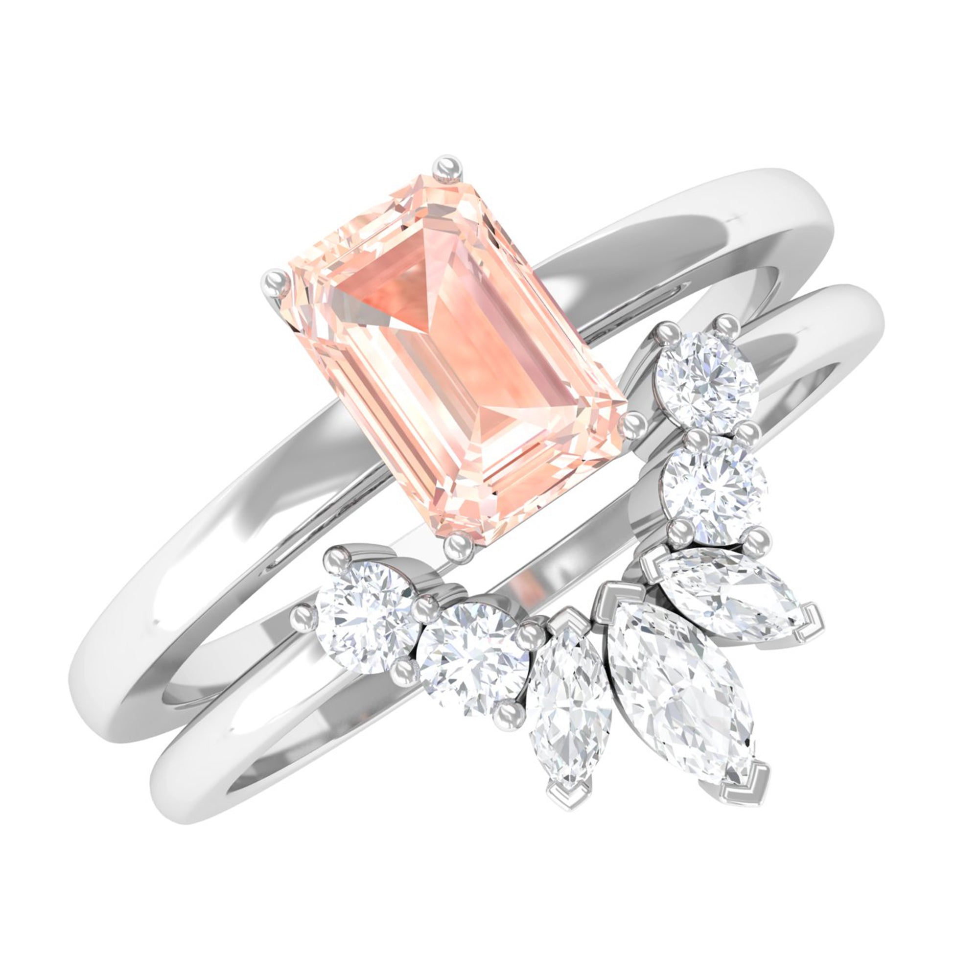 Emerald Cut Morganite Wedding Ring Set with Diamond Morganite - ( AAA ) - Quality - Rosec Jewels