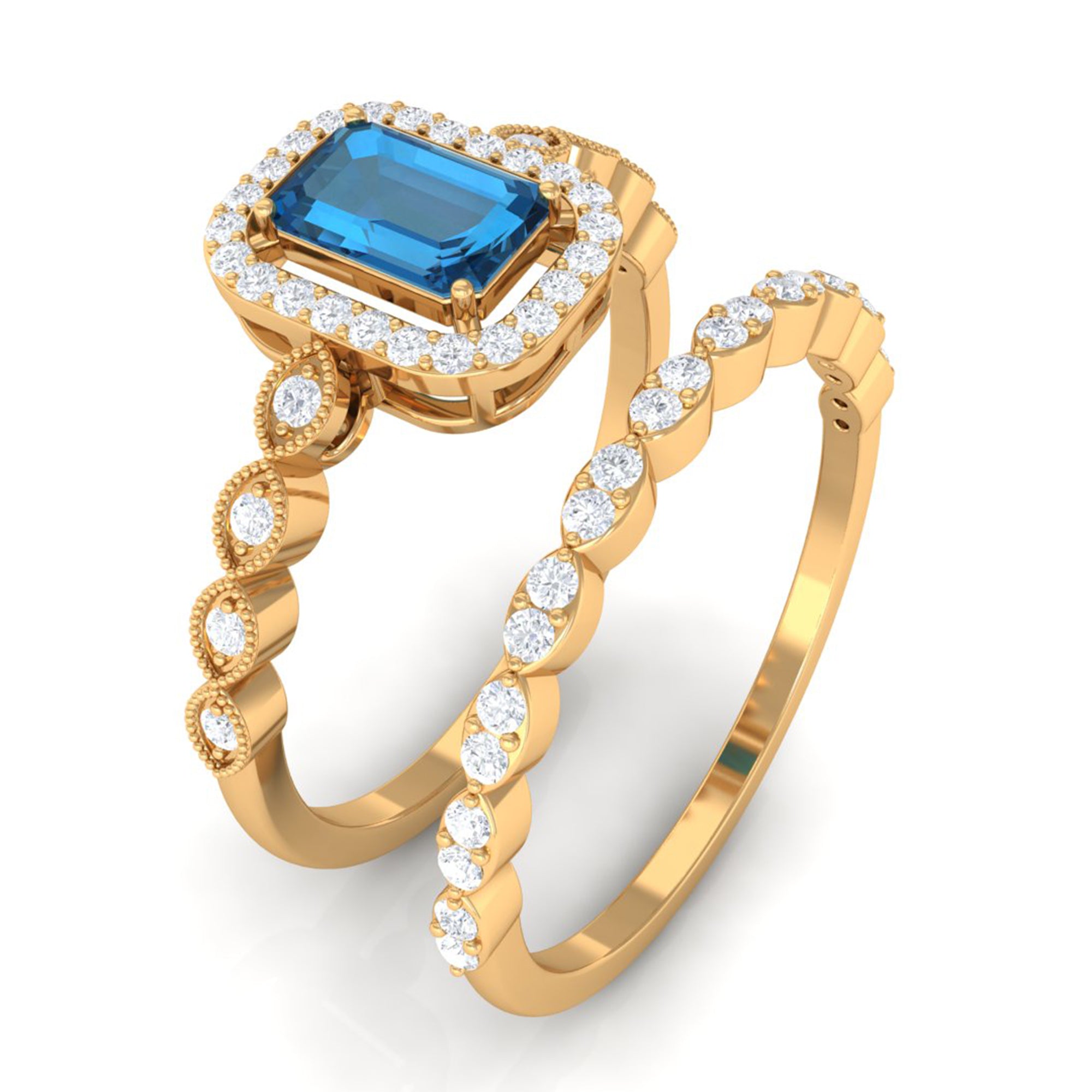 Octagon Cut London Blue Topaz and Diamond Designer Ring Set London Blue Topaz - ( AAA ) - Quality - Rosec Jewels