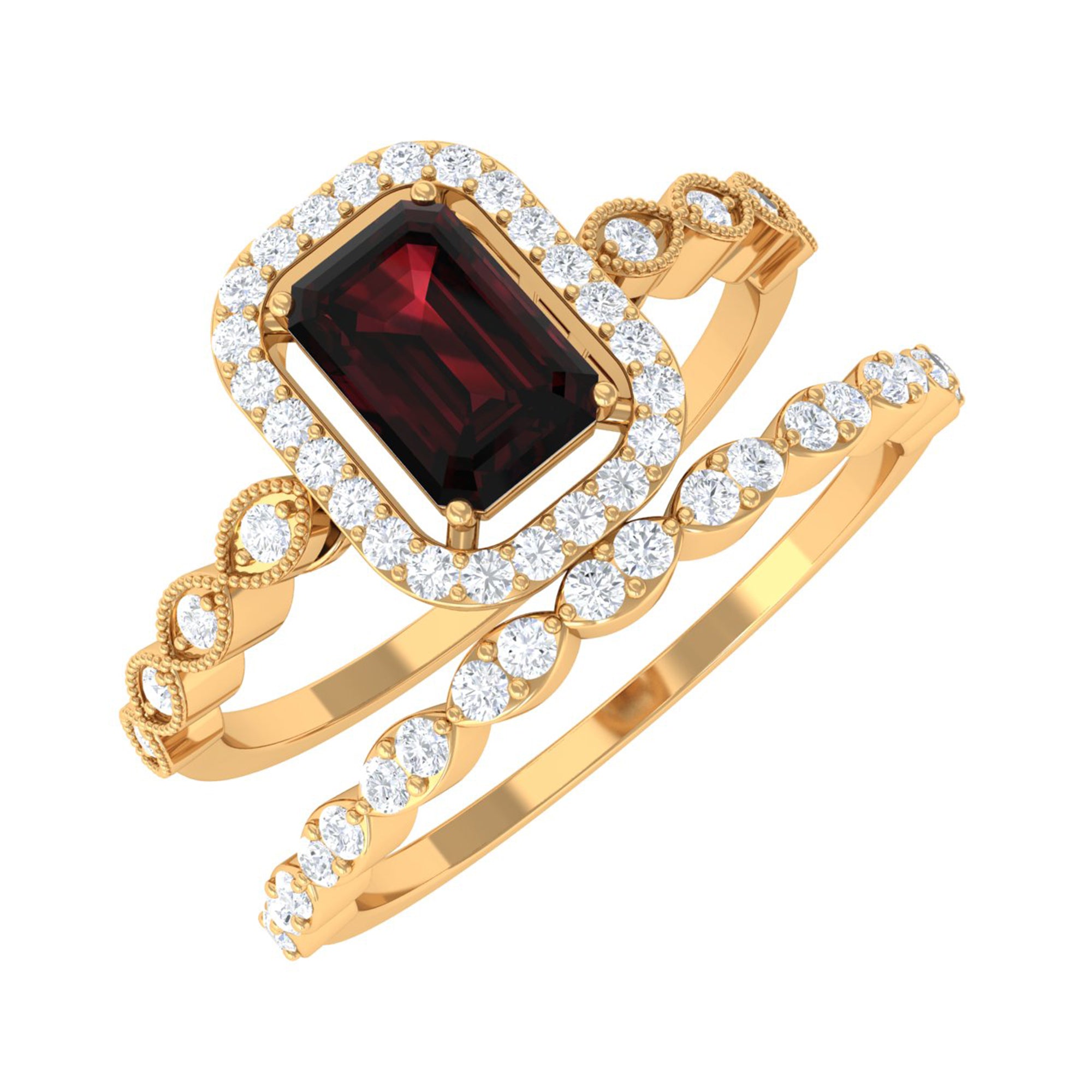 Octagon Cut Garnet and Diamond Designer Ring Set Garnet - ( AAA ) - Quality - Rosec Jewels