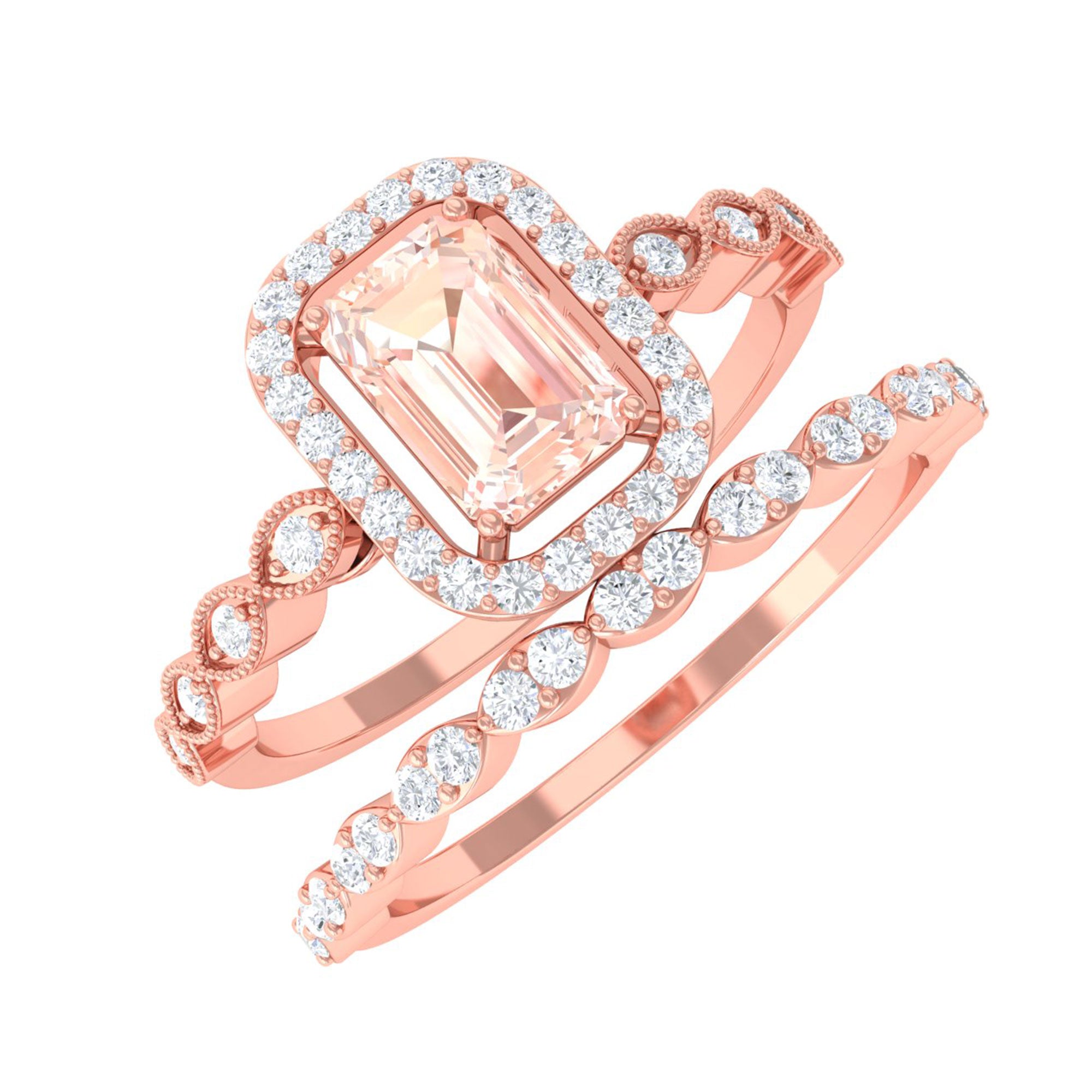 Emerald Cut Morganite and Diamond Designer Ring Set Morganite - ( AAA ) - Quality - Rosec Jewels