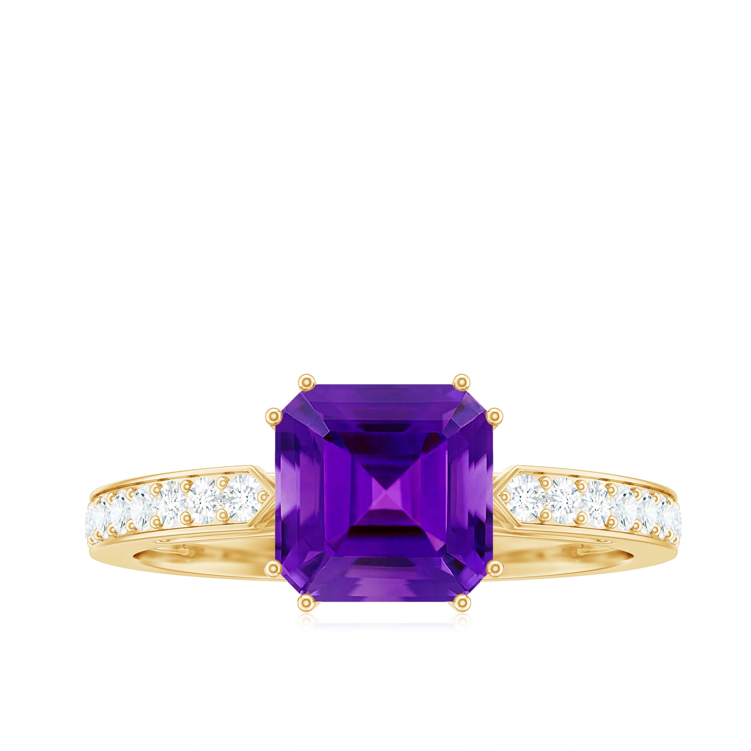 Asscher Cut Amethyst Solitaire Ring with Diamond Side Stones Amethyst - ( AAA ) - Quality - Rosec Jewels