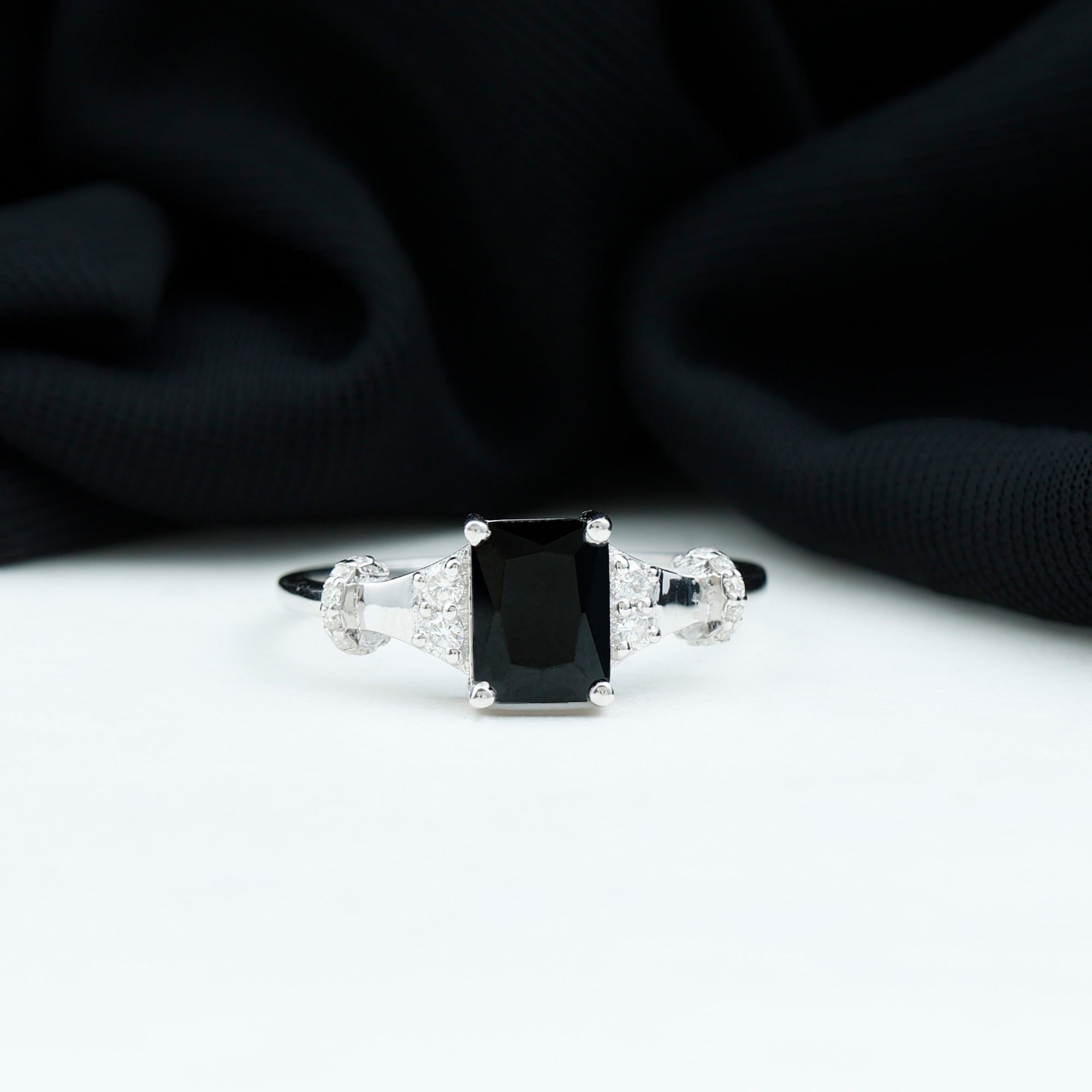 Emerald Cut Black Onyx Solitaire Ring with Moissanite Black Onyx - ( AAA ) - Quality 92.5 Sterling Silver 9 - Rosec Jewels