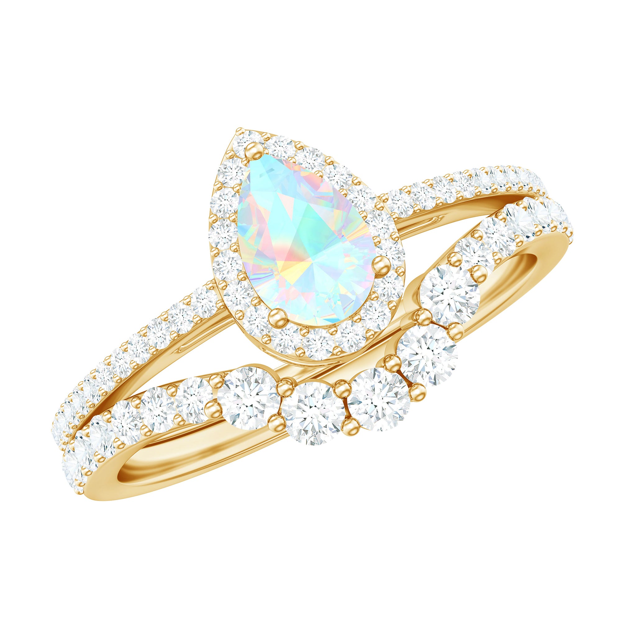 Ethiopian Opal Designer Teardrop Ring Set with Moissanite Halo Ethiopian Opal - ( AAA ) - Quality - Rosec Jewels