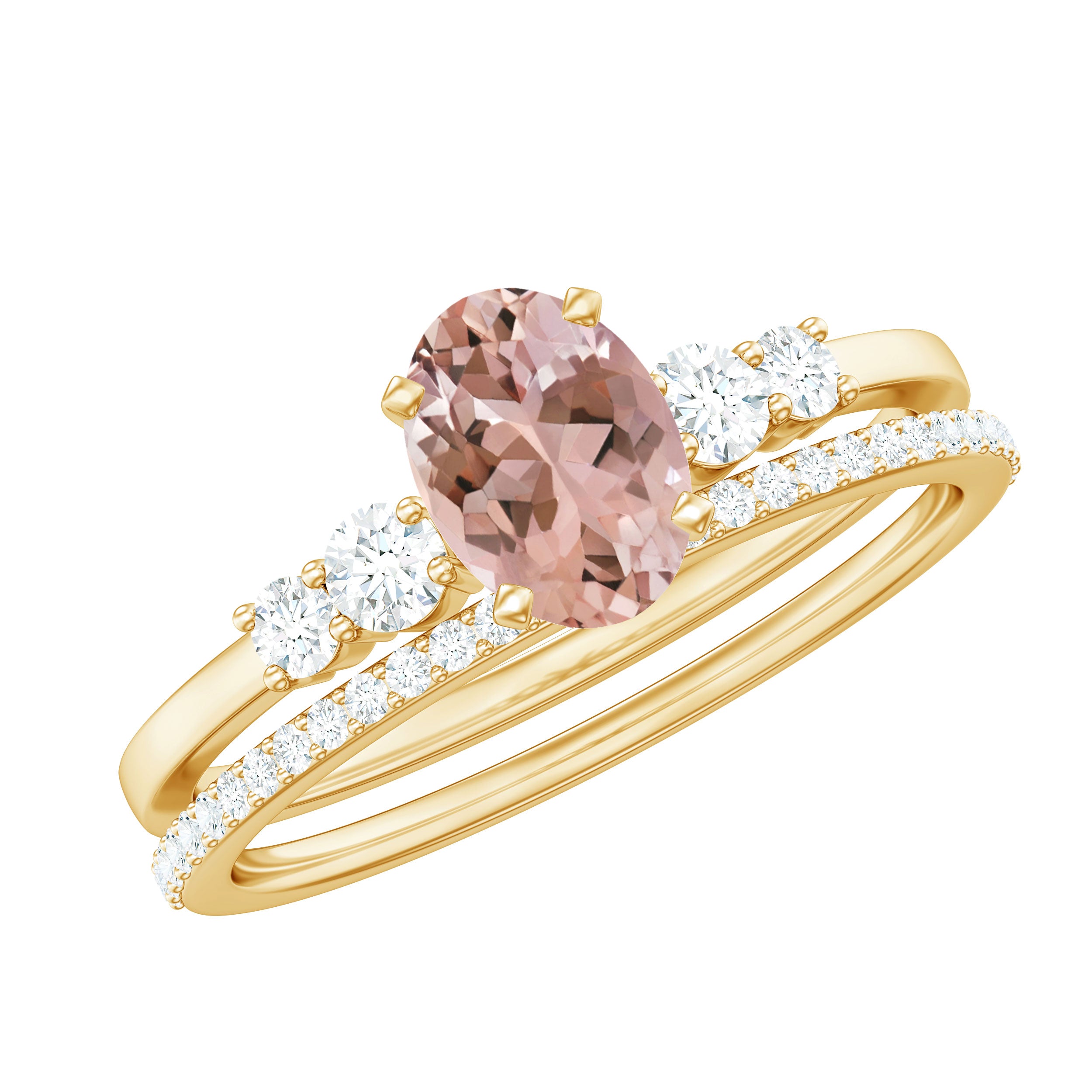 Oval Morganite Solitaire Ring Set with Diamond Morganite - ( AAA ) - Quality - Rosec Jewels