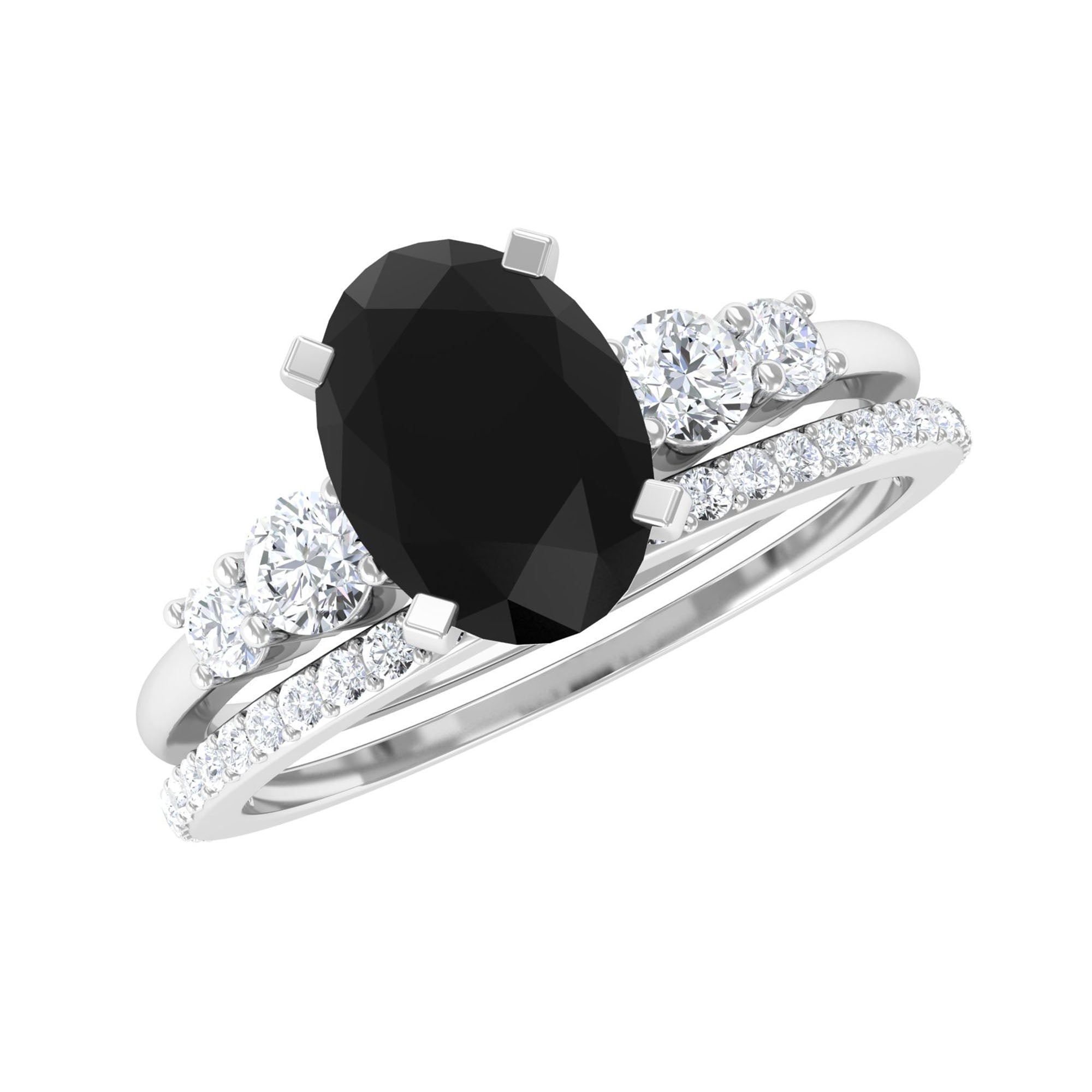 Oval Black Spinel Solitaire Ring Set with Diamond Black Spinel - ( AAA ) - Quality - Rosec Jewels