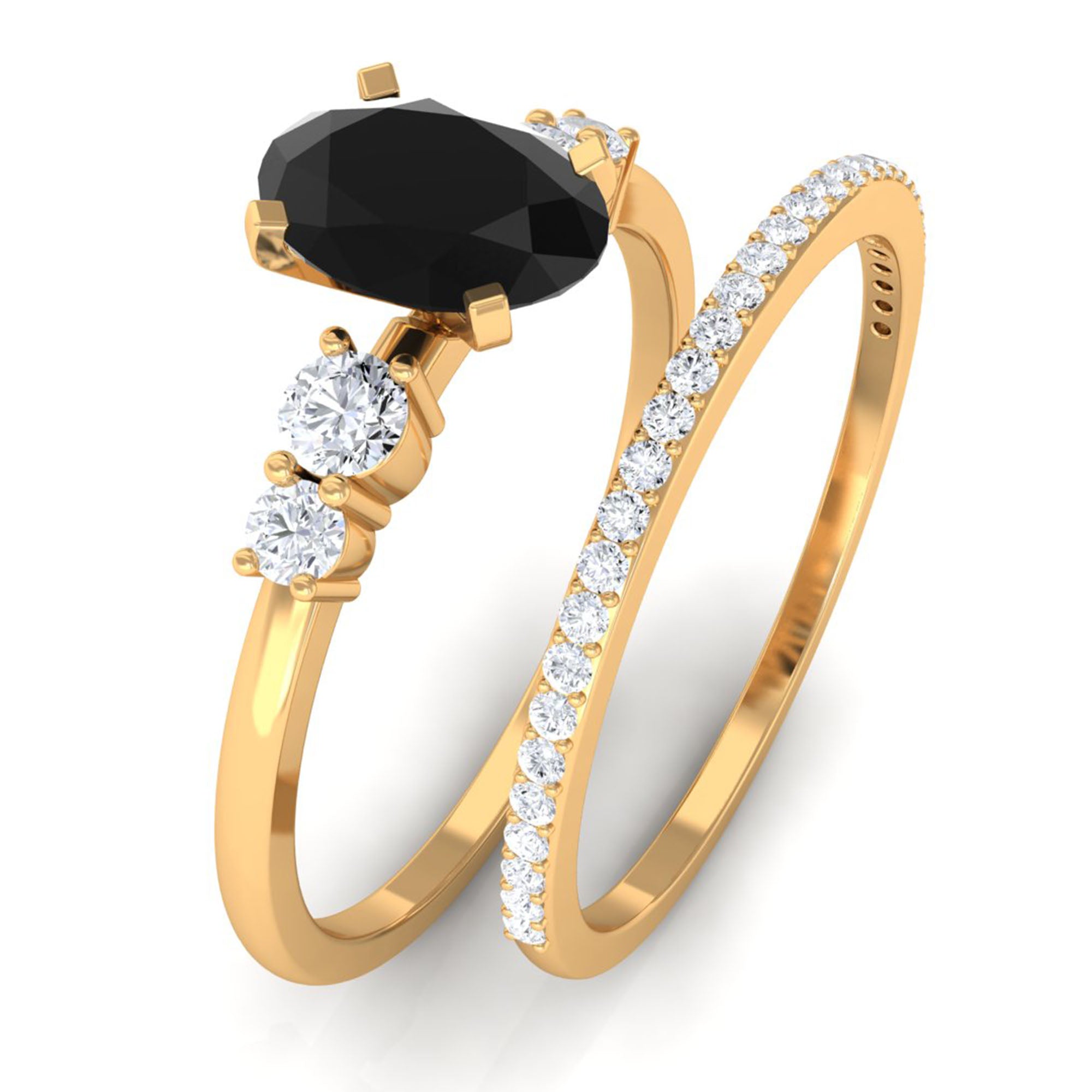 Oval Black Spinel Solitaire Ring Set with Diamond Black Spinel - ( AAA ) - Quality - Rosec Jewels