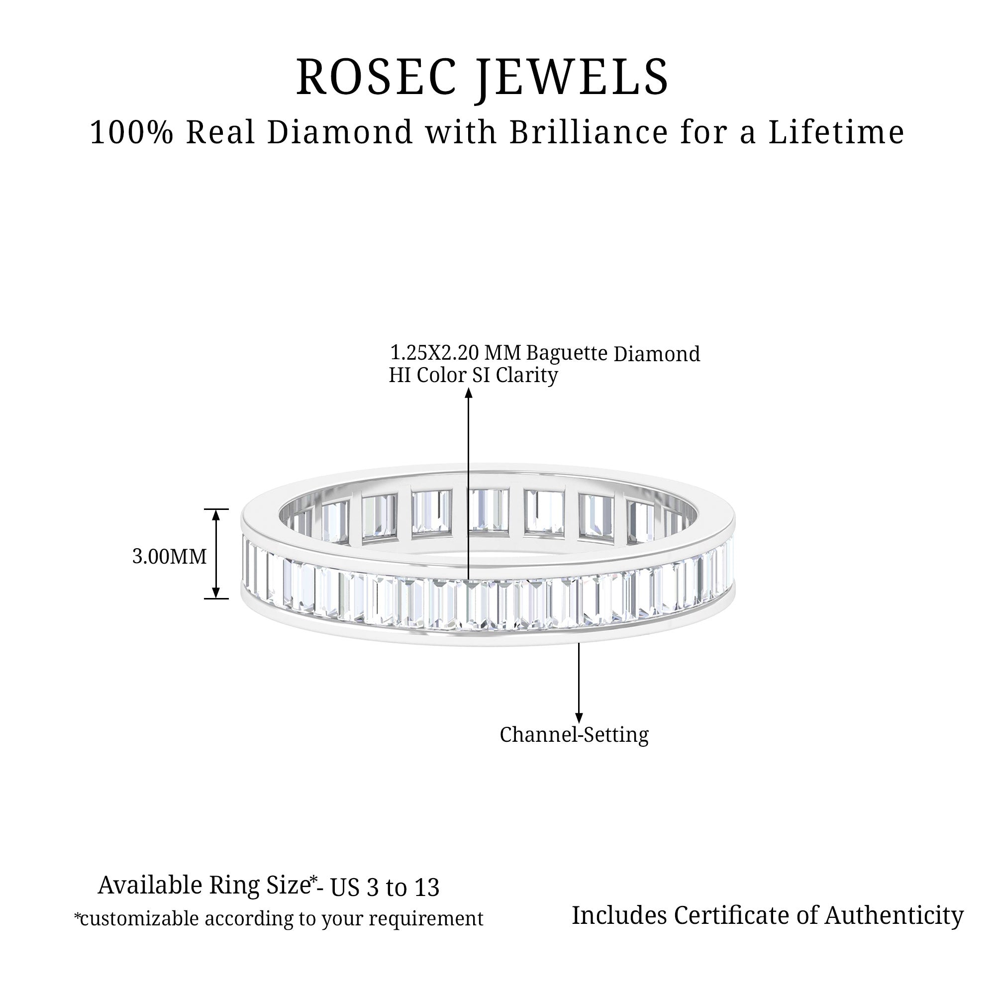 1.25 CT Baguette Cut Natural Diamond Eternity Ring in Channel Setting Diamond - ( HI-SI ) - Color and Clarity - Rosec Jewels