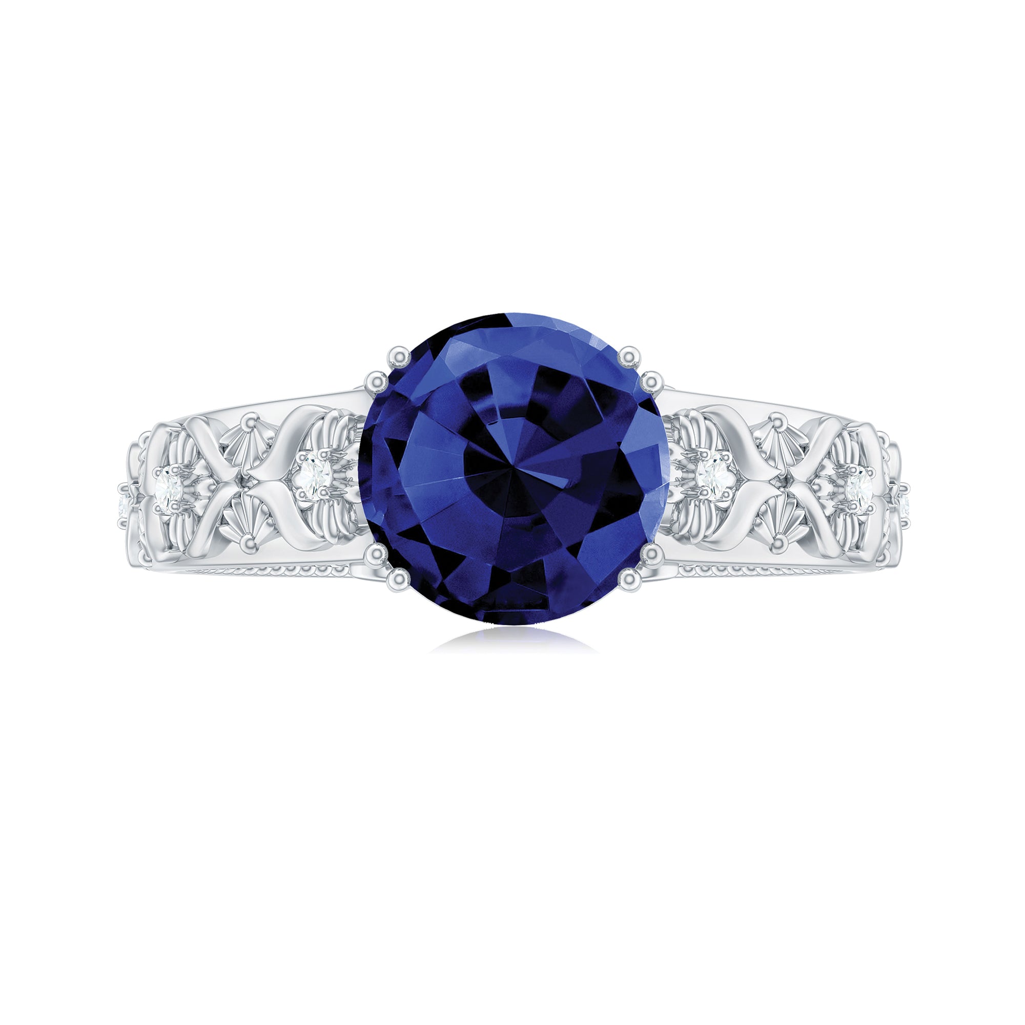 Round Created Blue Sapphire Floral Engagement Ring with Diamond Lab Created Blue Sapphire - ( AAAA ) - Quality - Rosec Jewels