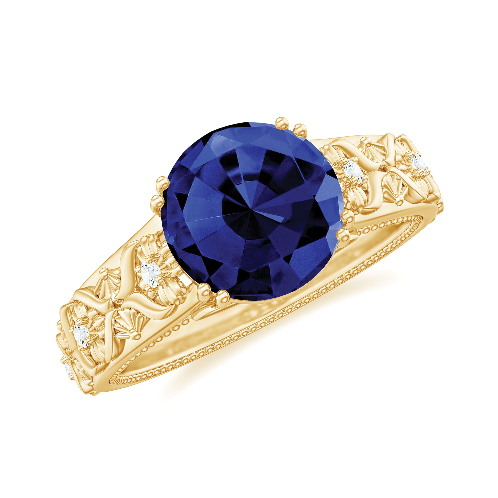 Round Created Blue Sapphire Floral Engagement Ring with Diamond Lab Created Blue Sapphire - ( AAAA ) - Quality - Rosec Jewels