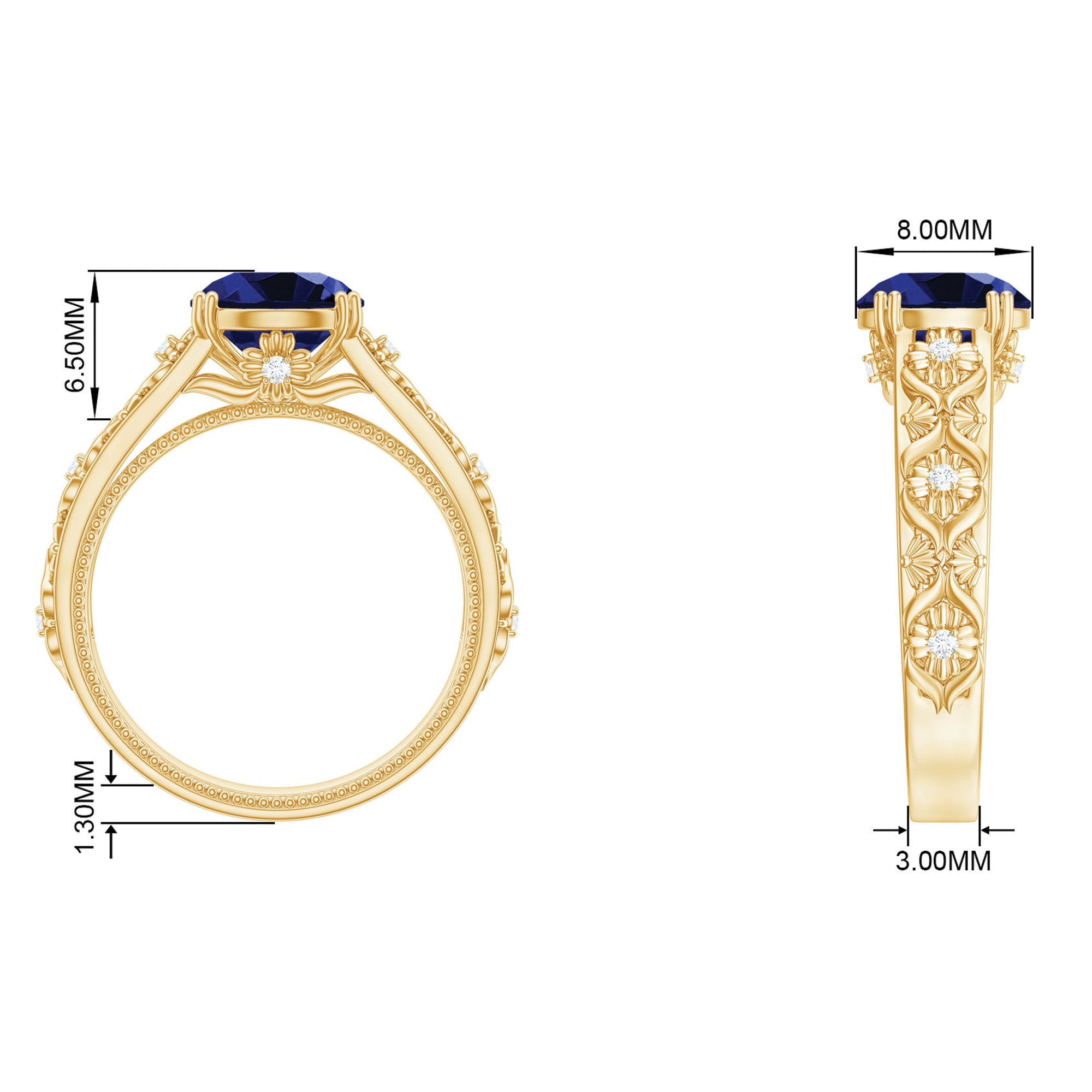 Round Created Blue Sapphire Floral Engagement Ring with Diamond Lab Created Blue Sapphire - ( AAAA ) - Quality - Rosec Jewels