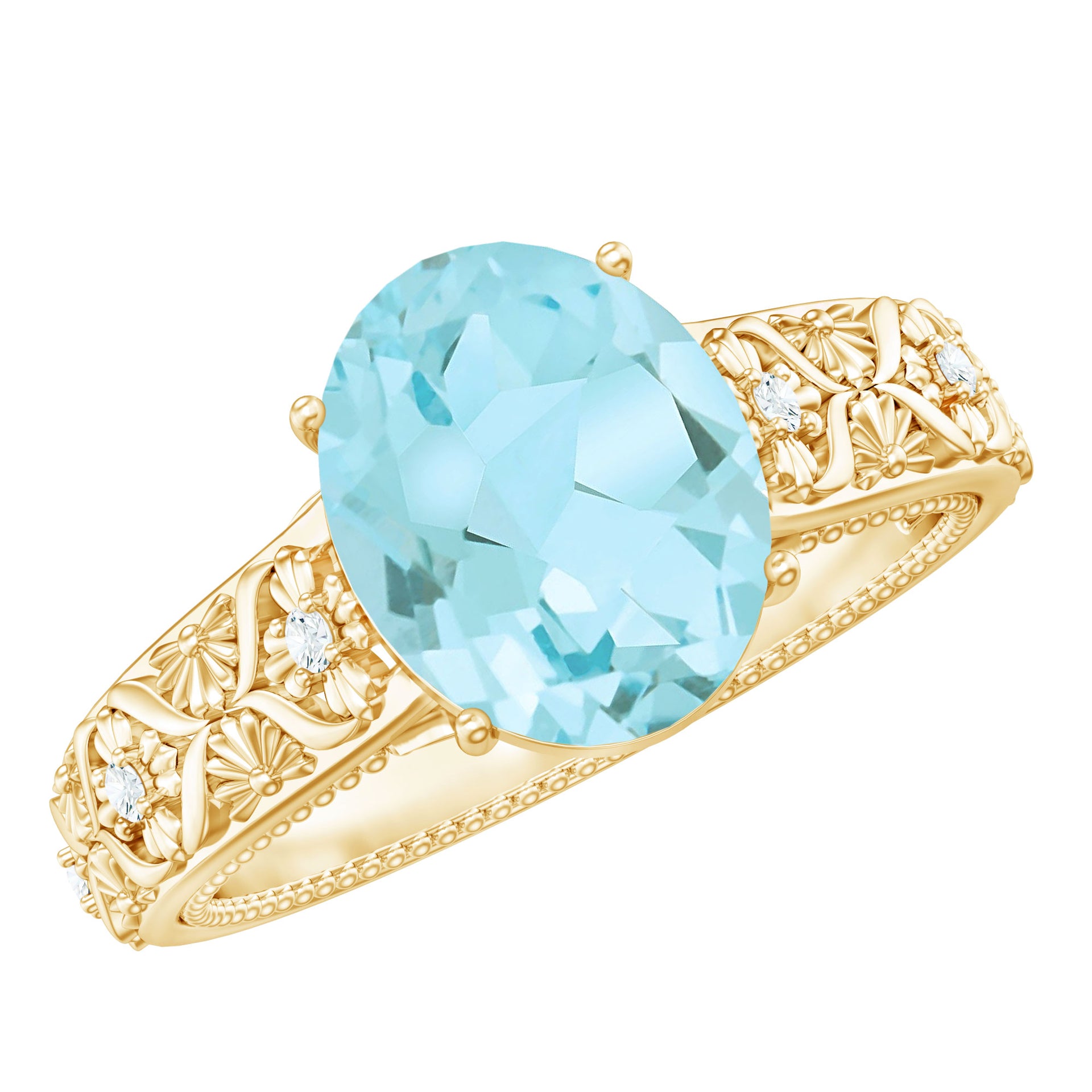 Oval Sky Blue Topaz and Diamond Vintage Style Solitaire Ring Sky Blue Topaz - ( AAA ) - Quality - Rosec Jewels