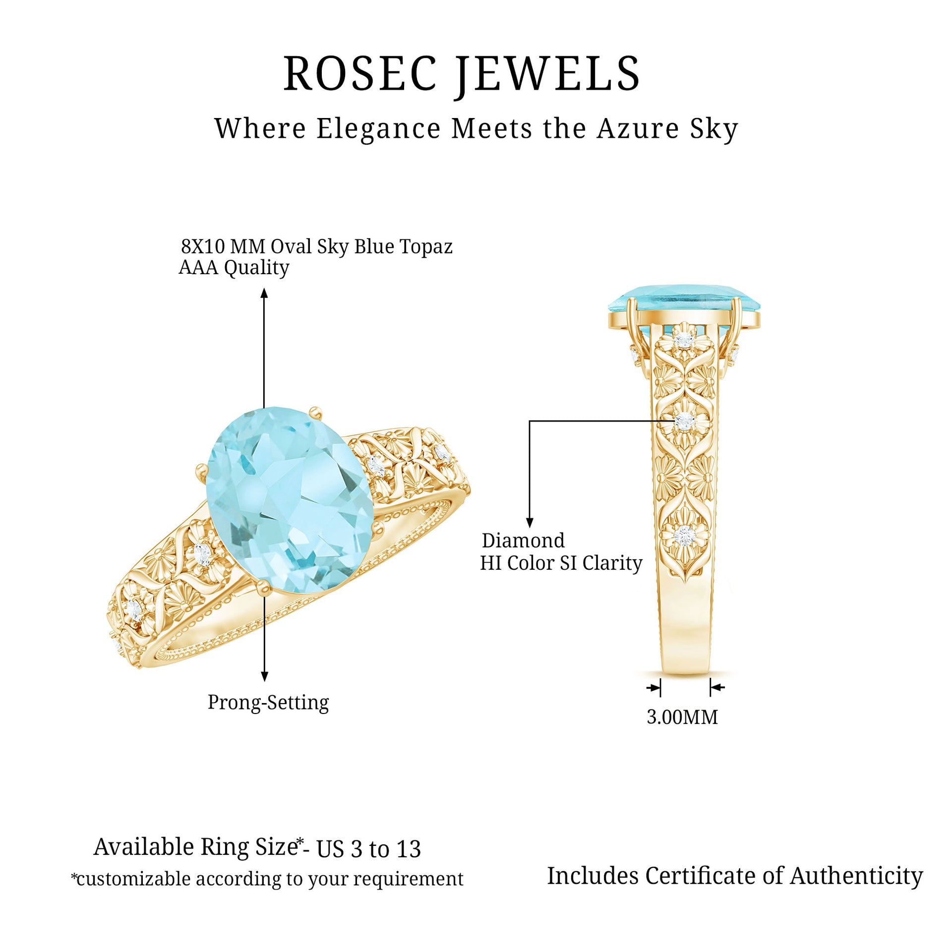 Oval Sky Blue Topaz and Diamond Vintage Style Solitaire Ring Sky Blue Topaz - ( AAA ) - Quality - Rosec Jewels