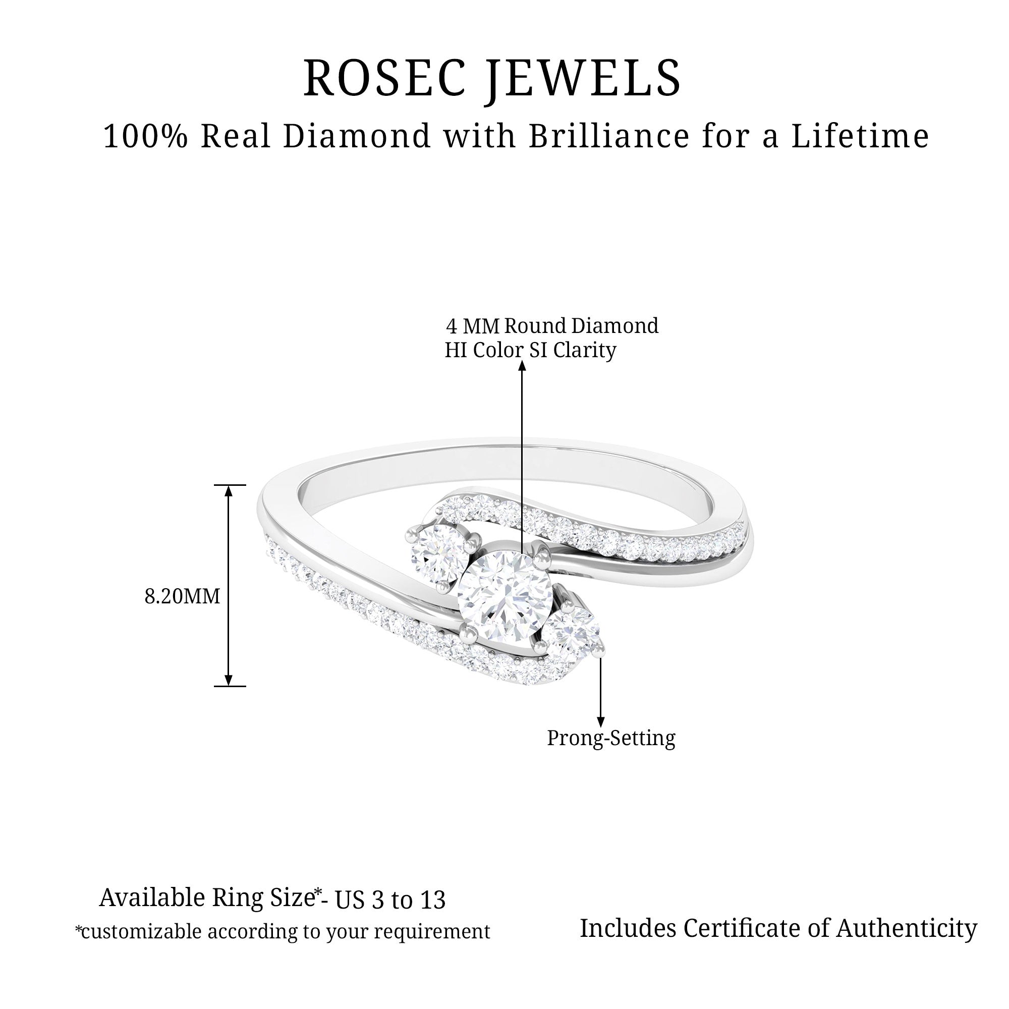 3 Stone Diamond Bypass Engagement Ring Diamond - ( HI-SI ) - Color and Clarity - Rosec Jewels