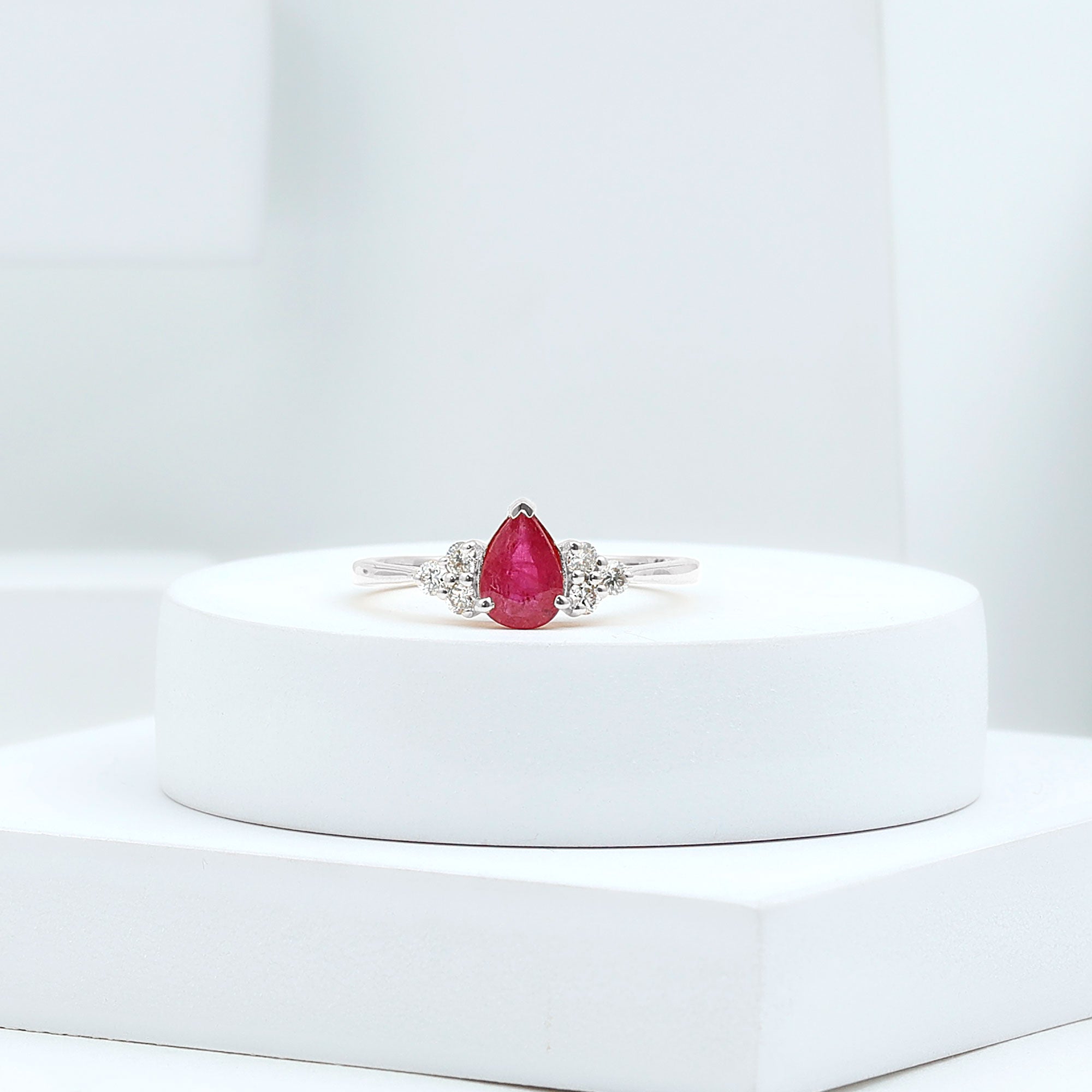 Claw Set Pear Cut Ruby Engagement Ring with Diamond Trio Ruby - ( AAA ) - Quality - Rosec Jewels