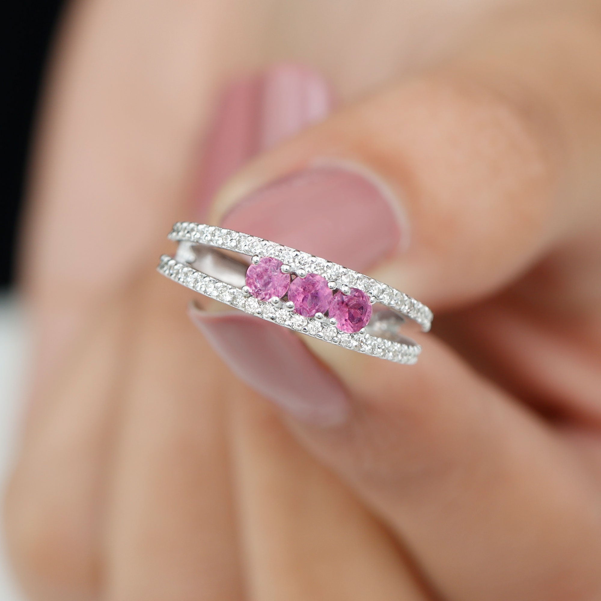 Pink Tourmaline and Diamond Split Shank Anniversary Ring Pink Tourmaline - ( AAA ) - Quality - Rosec Jewels