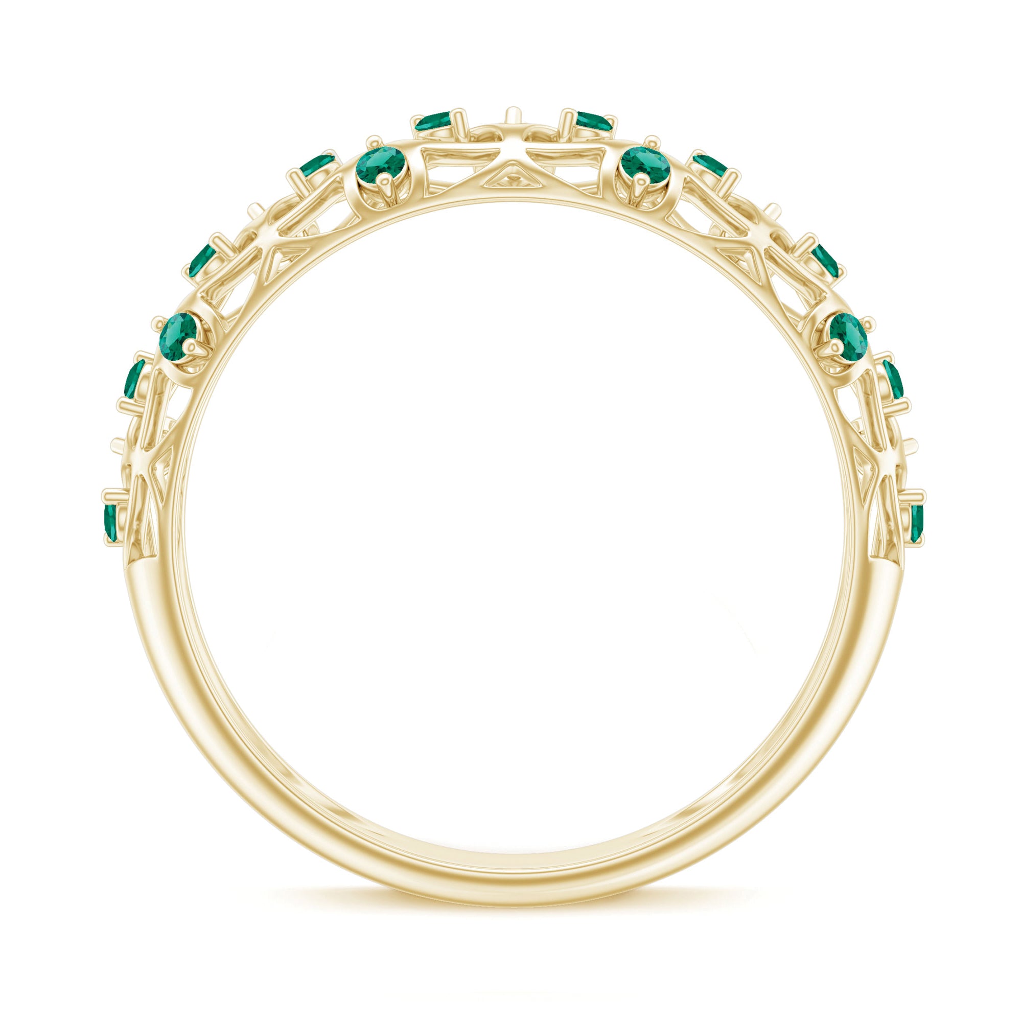 Round Created Emerald Semi Eternity Band Ring with Gold Filigree Details Lab Created Emerald - ( AAAA ) - Quality - Rosec Jewels