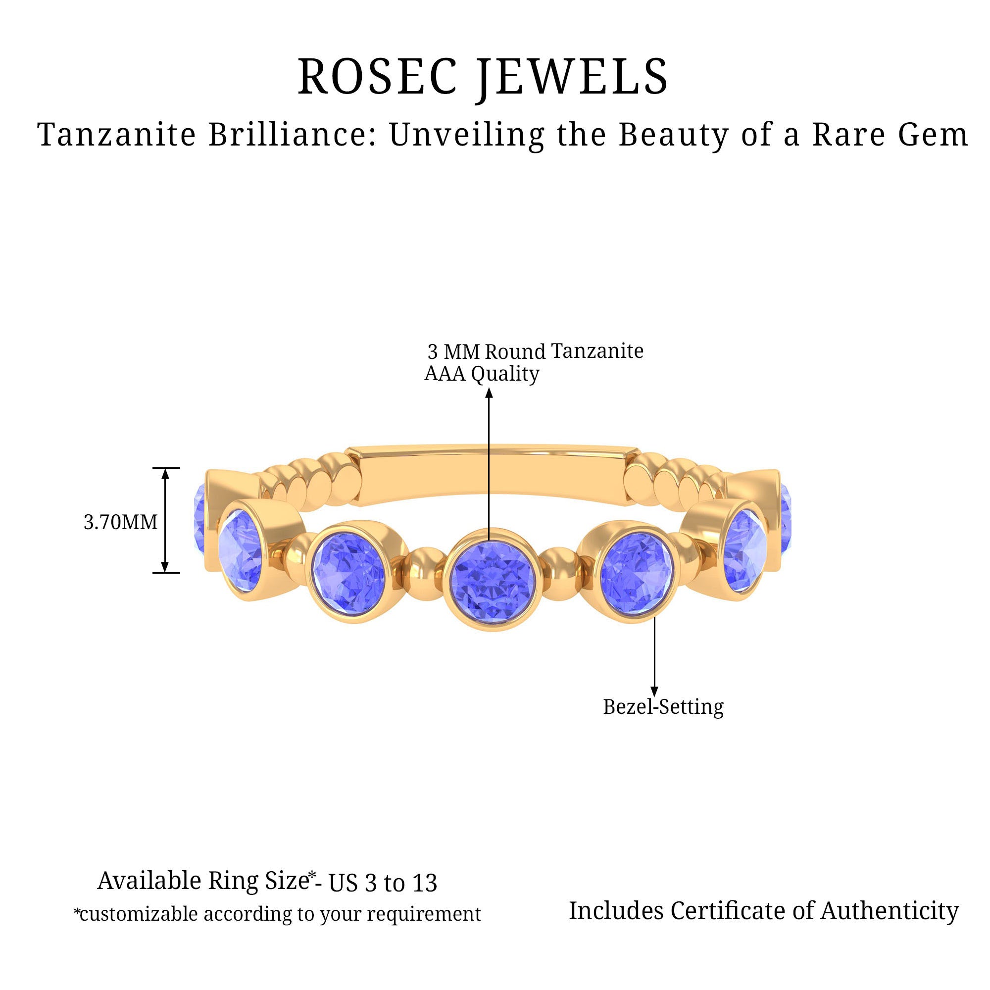 1 CT Bezel Set Tanzanite Half Eternity Ring with Gold Beaded Tanzanite - ( AAA ) - Quality - Rosec Jewels