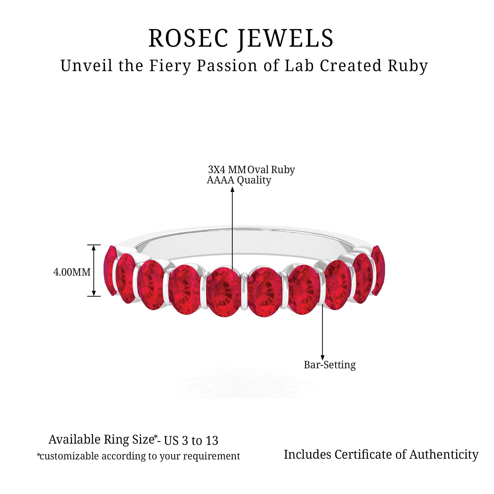 Oval Cut Created Ruby Half Eternity Ring in Bar Setting Lab Created Ruby - ( AAAA ) - Quality - Rosec Jewels