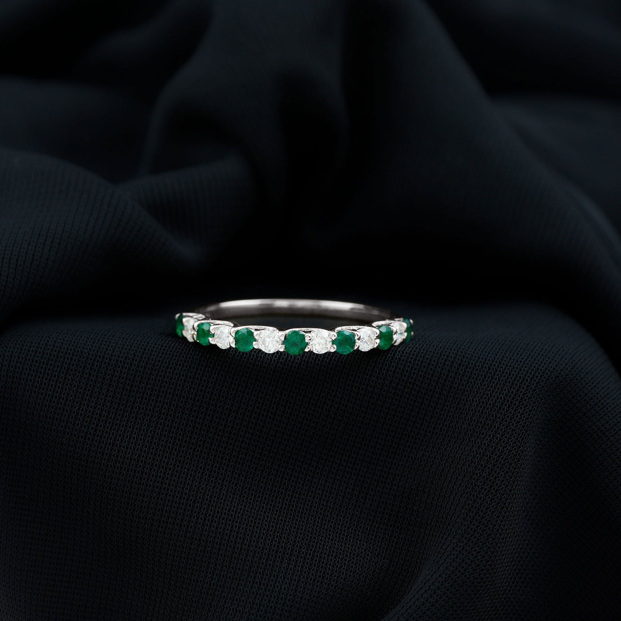 Trellis Set Round Emerald and Moissanite Half Eternity Ring Emerald - ( AAA ) - Quality - Rosec Jewels