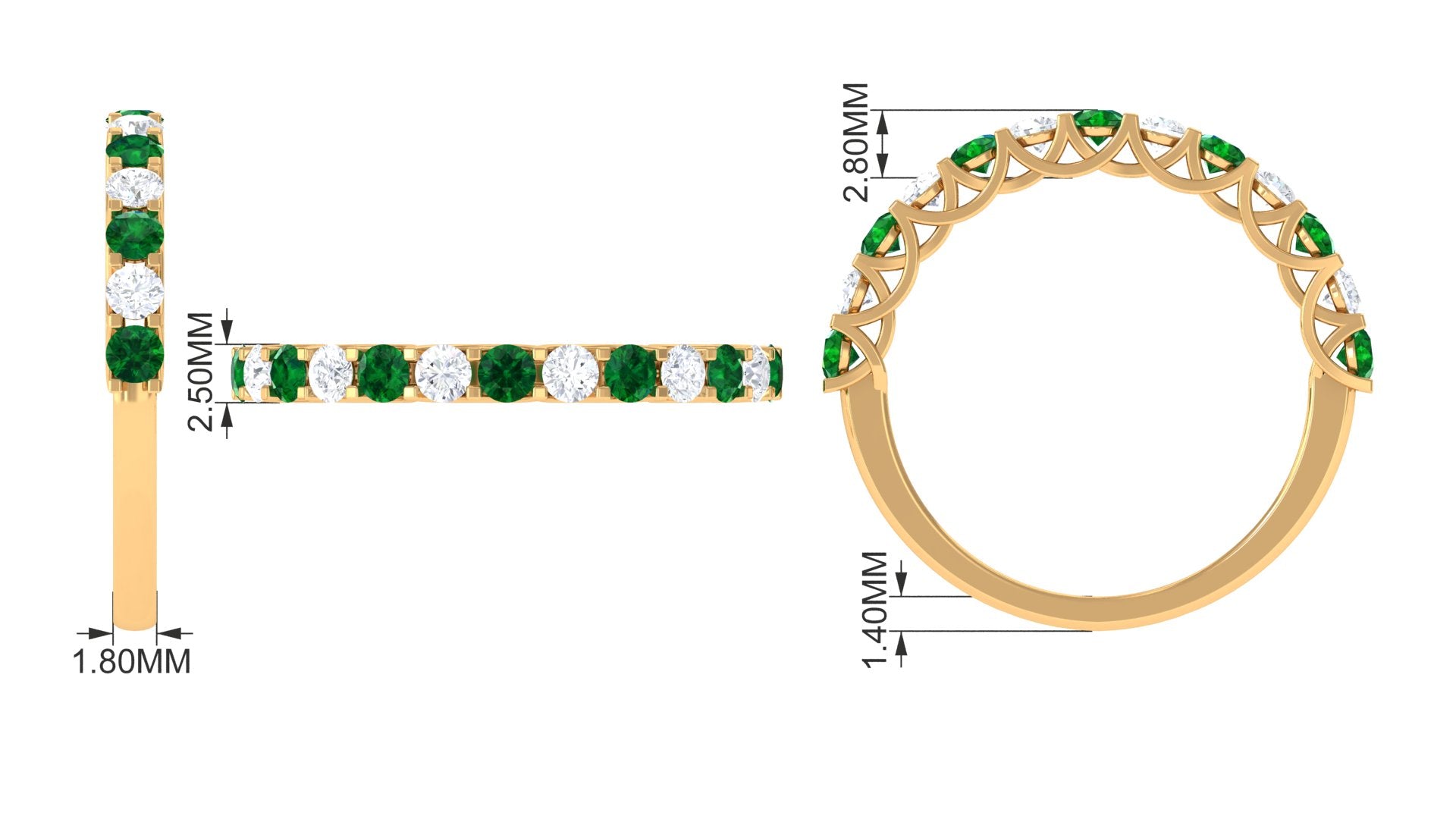 Trellis Set Round Emerald and Moissanite Half Eternity Ring Emerald - ( AAA ) - Quality - Rosec Jewels