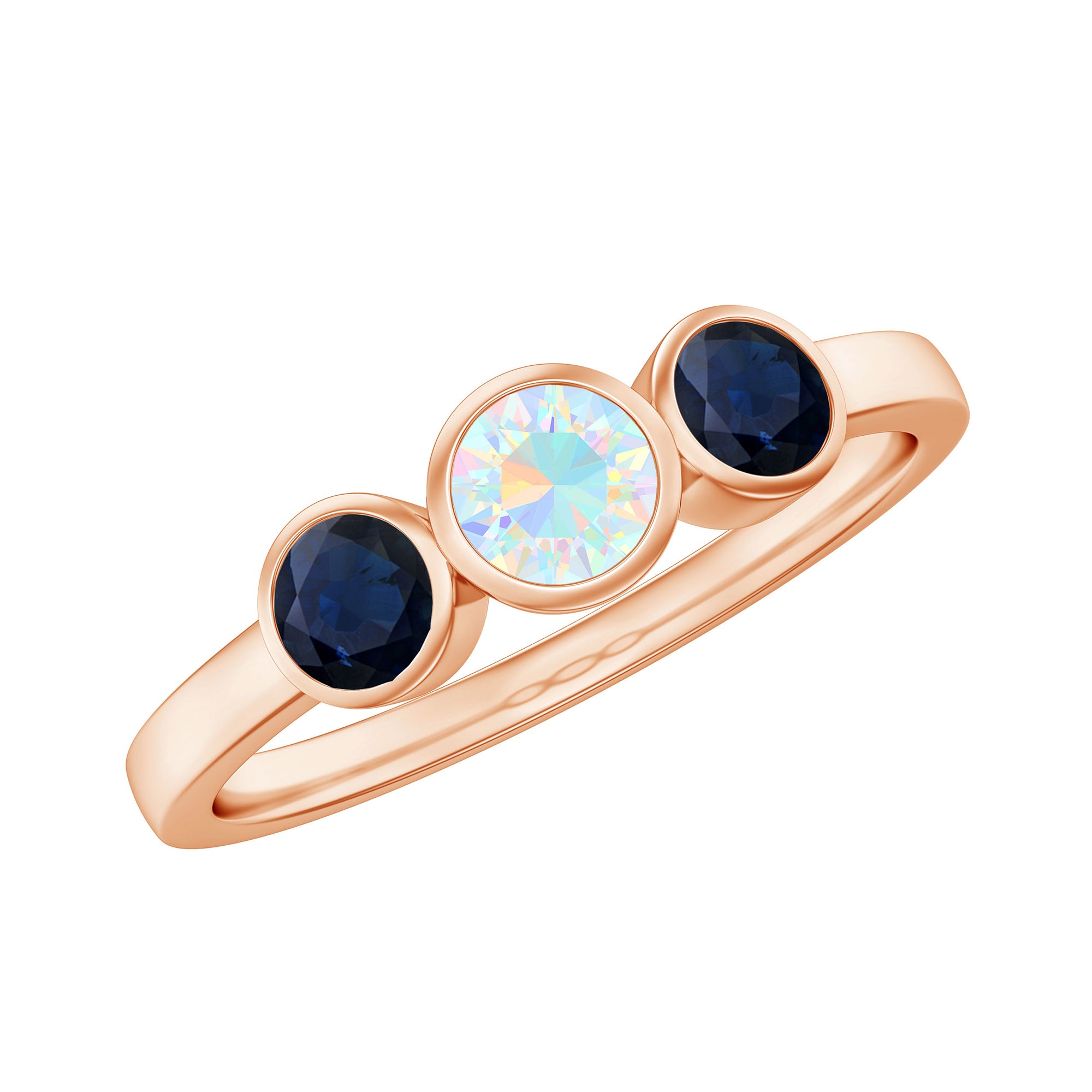 1 CT Minimal Ethiopian Opal and Blue Sapphire Three Stone Ring in Bezel Setting Ethiopian Opal - ( AAA ) - Quality - Rosec Jewels