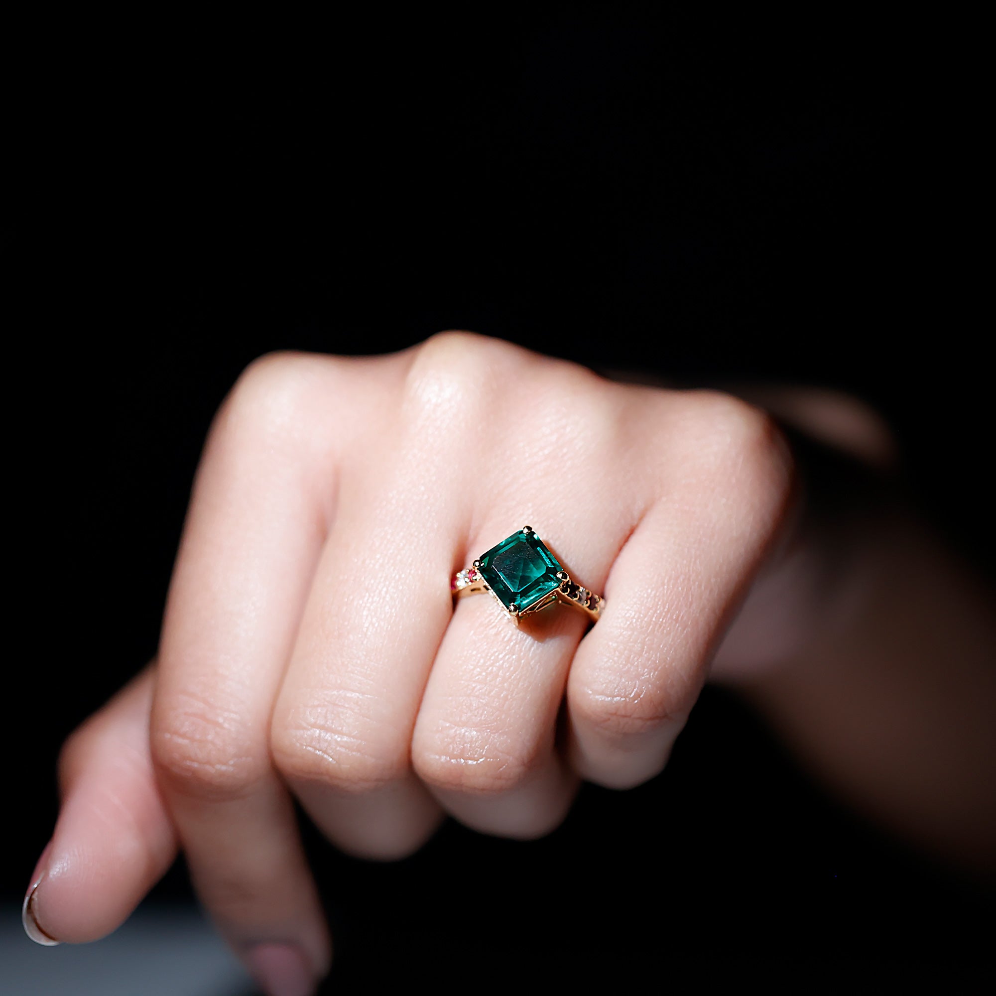 Created Emerald Solitaire Engagement Ring with Moissanite Lab Created Emerald - ( AAAA ) - Quality - Rosec Jewels